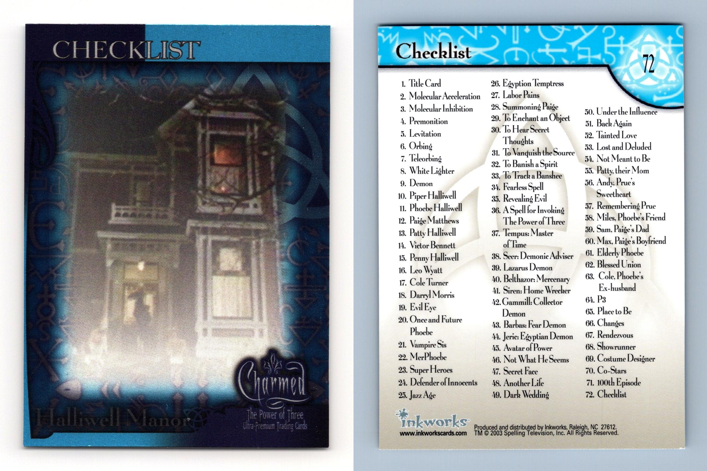 Checklist 72 Charmed The Power Of Three 2003 Inkworks Trading Card