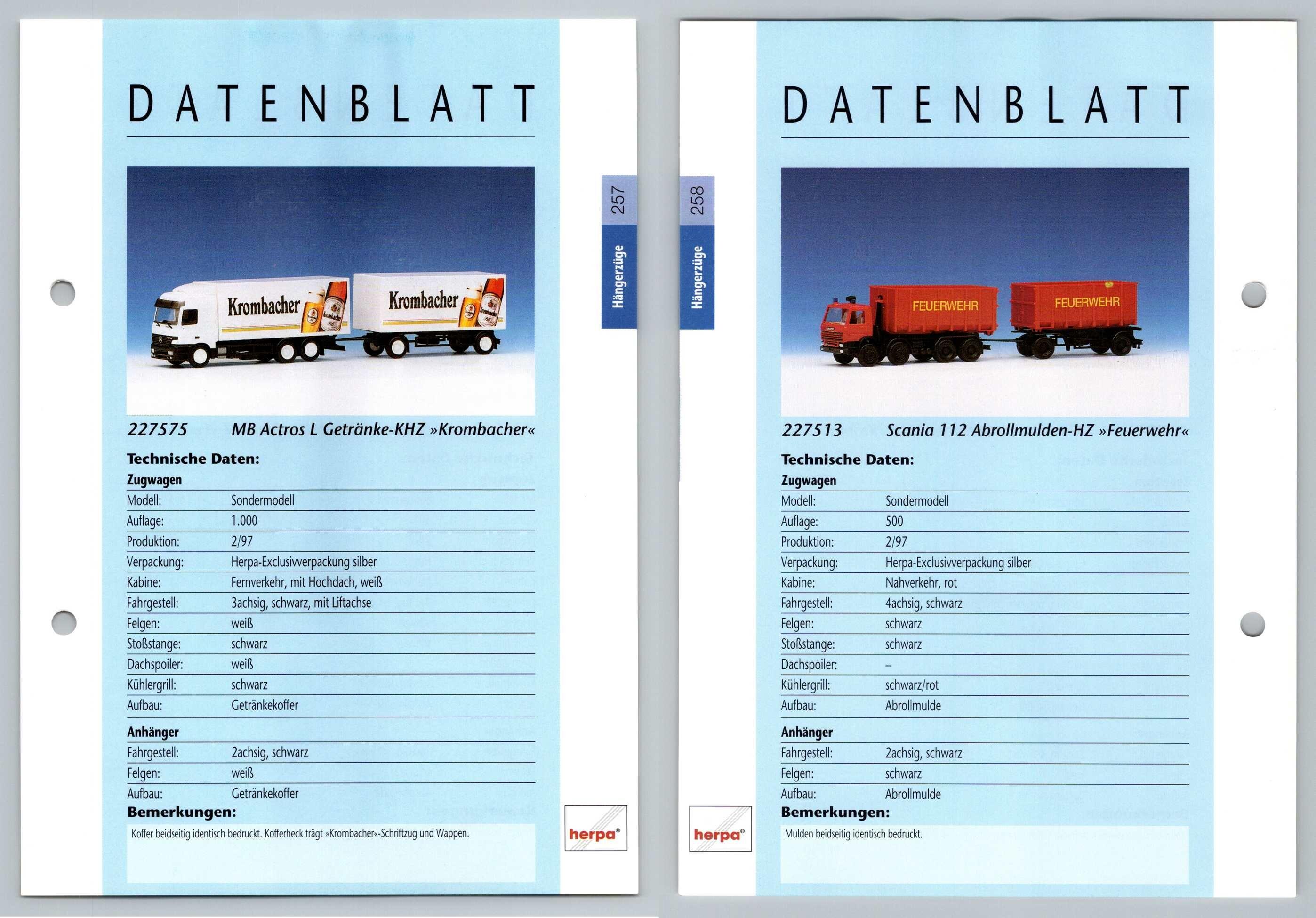 Mb Actros L Scania 112 257 8 Hangerzuge Datenblatt Herpa Data Sheet