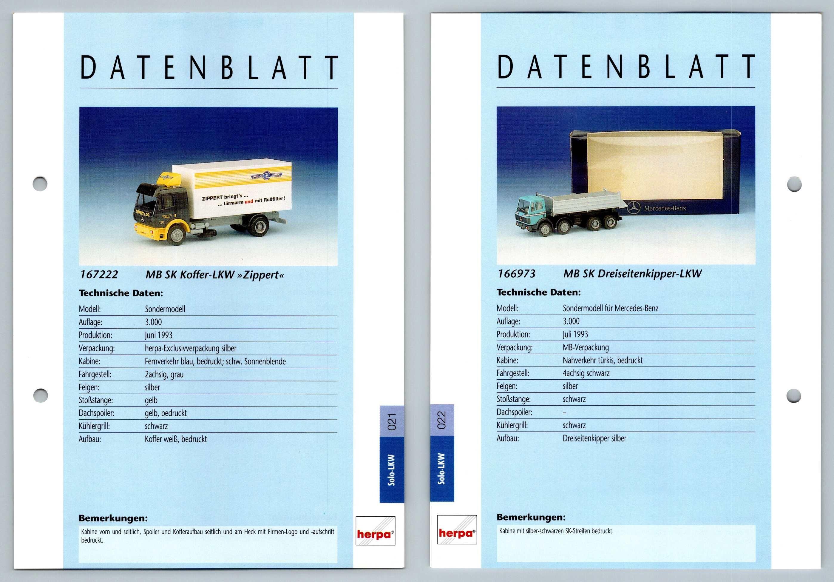 MB SK Koffer Dreiseitenkipper 21 2 Solo LKW Datenblatt Herpa Data