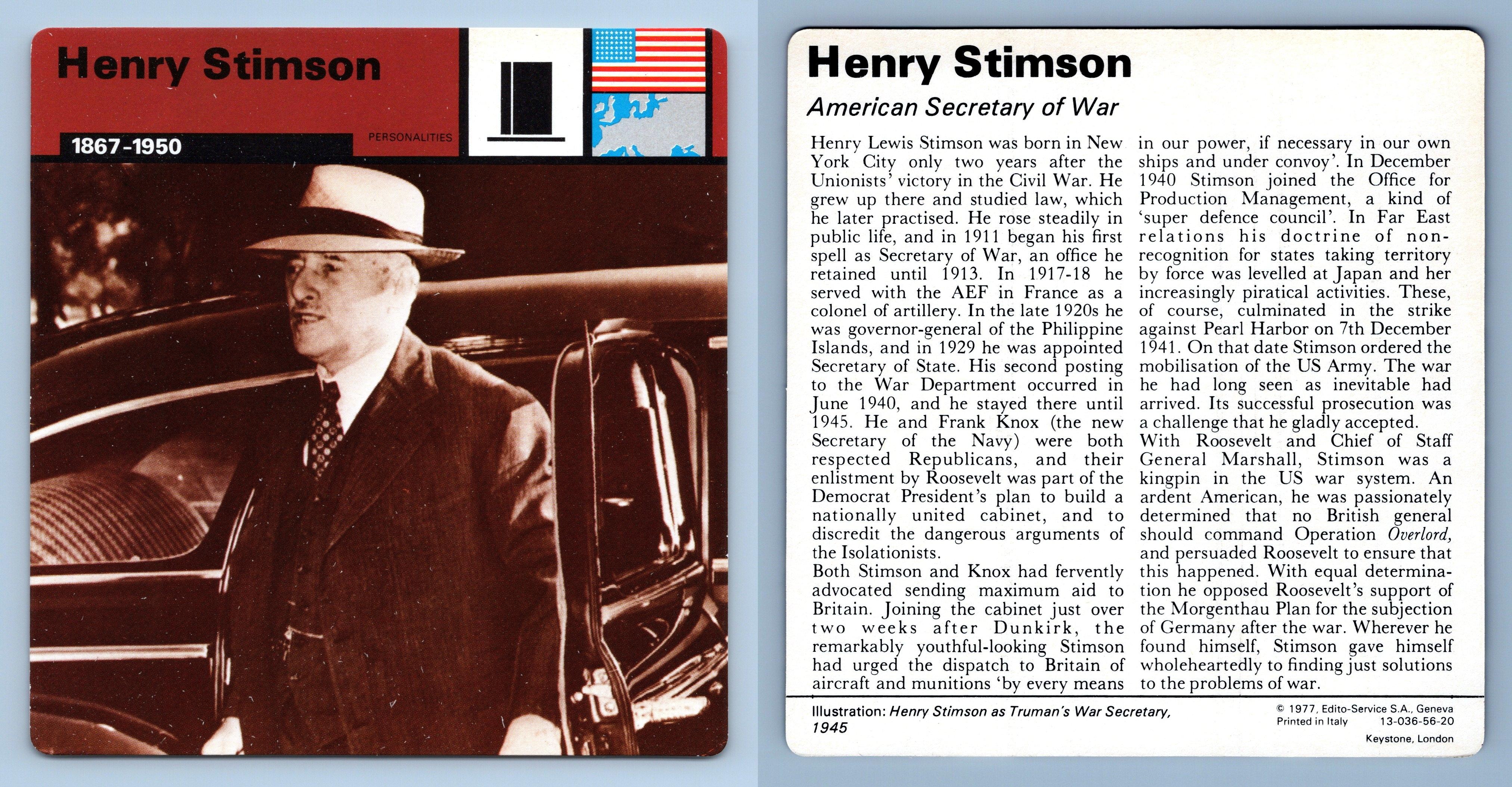WW2 Edito-Service SA 1977 Card Henry Stimson Personalities 1867-1950 
