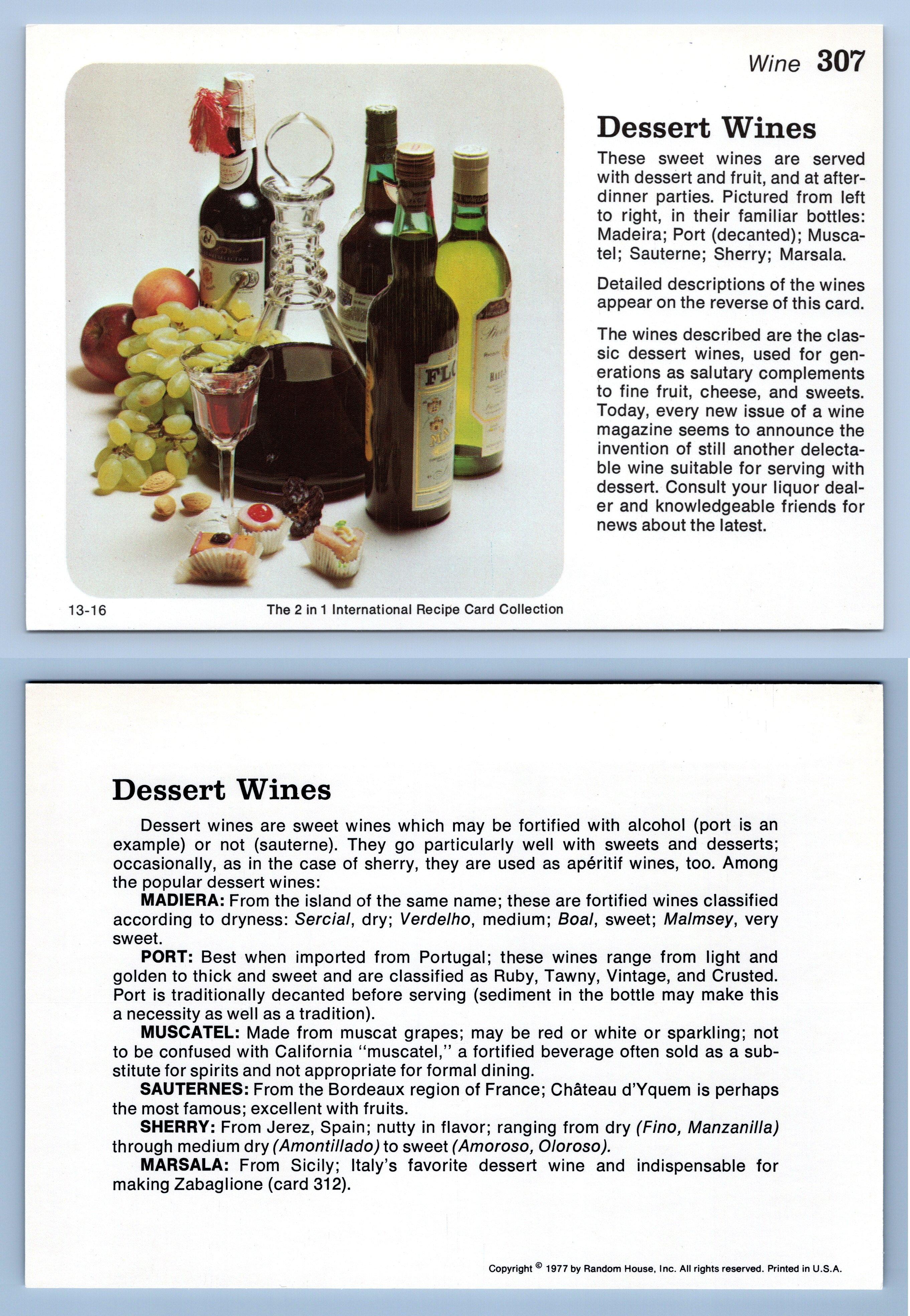 Desert Wines 307 Wine 1977 The 2 in 1 International Recipe Card