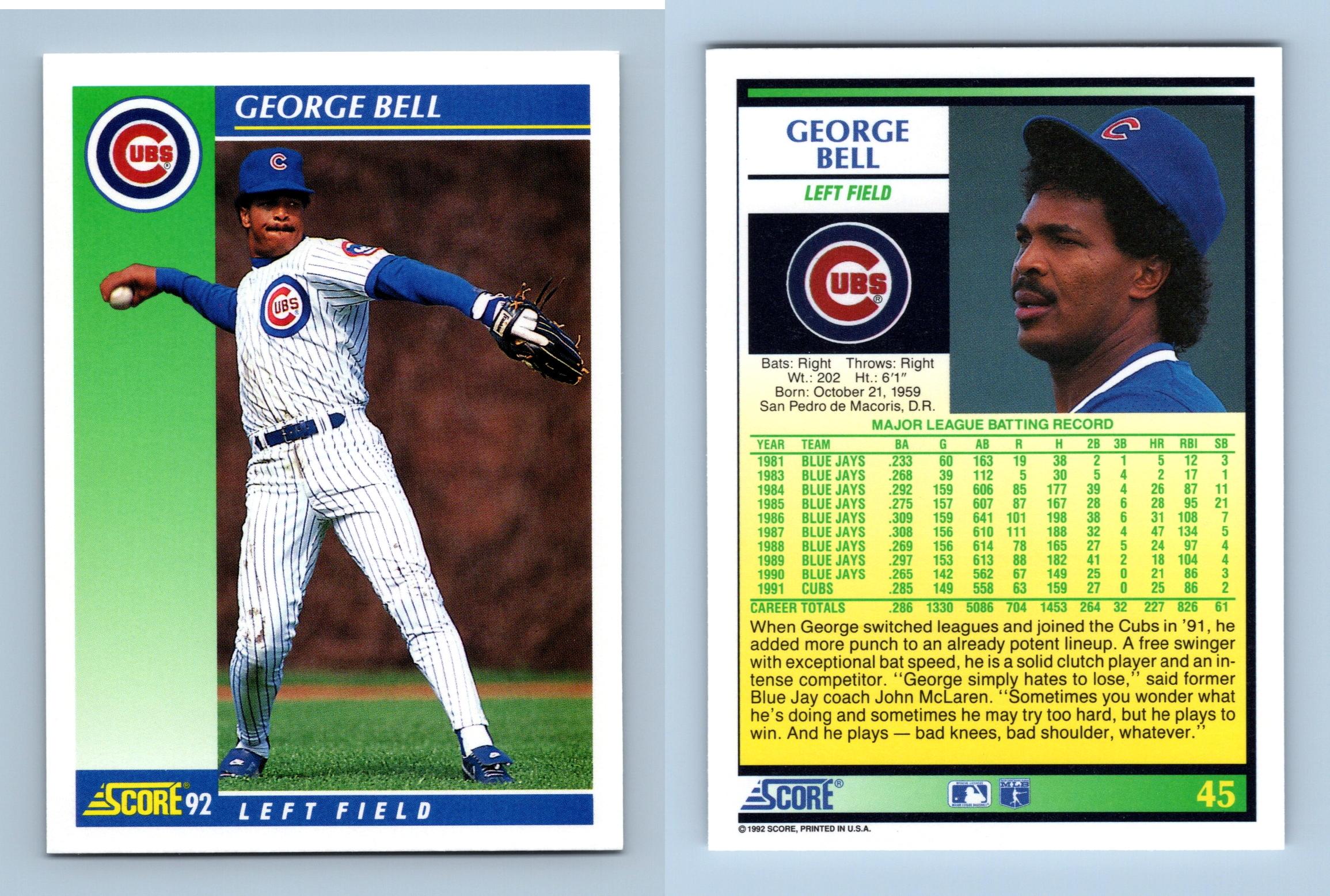 George Bell - Cubs - #45 Score 1992 Baseball Trading Card