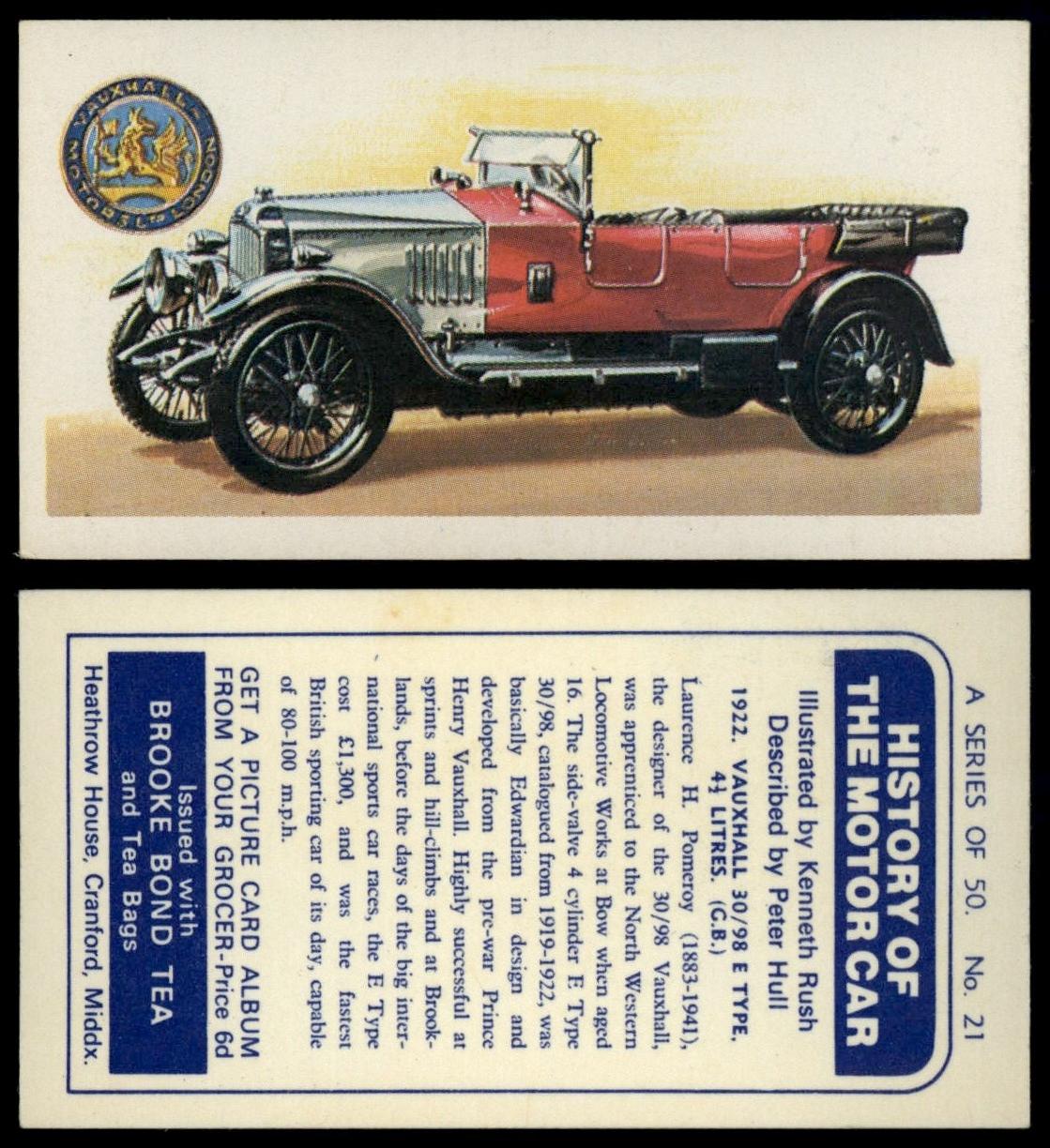 1922 Vauxhall 30/98 E Type 4.5 Litres#21 History Of The Motor Car Tea Card C1888 