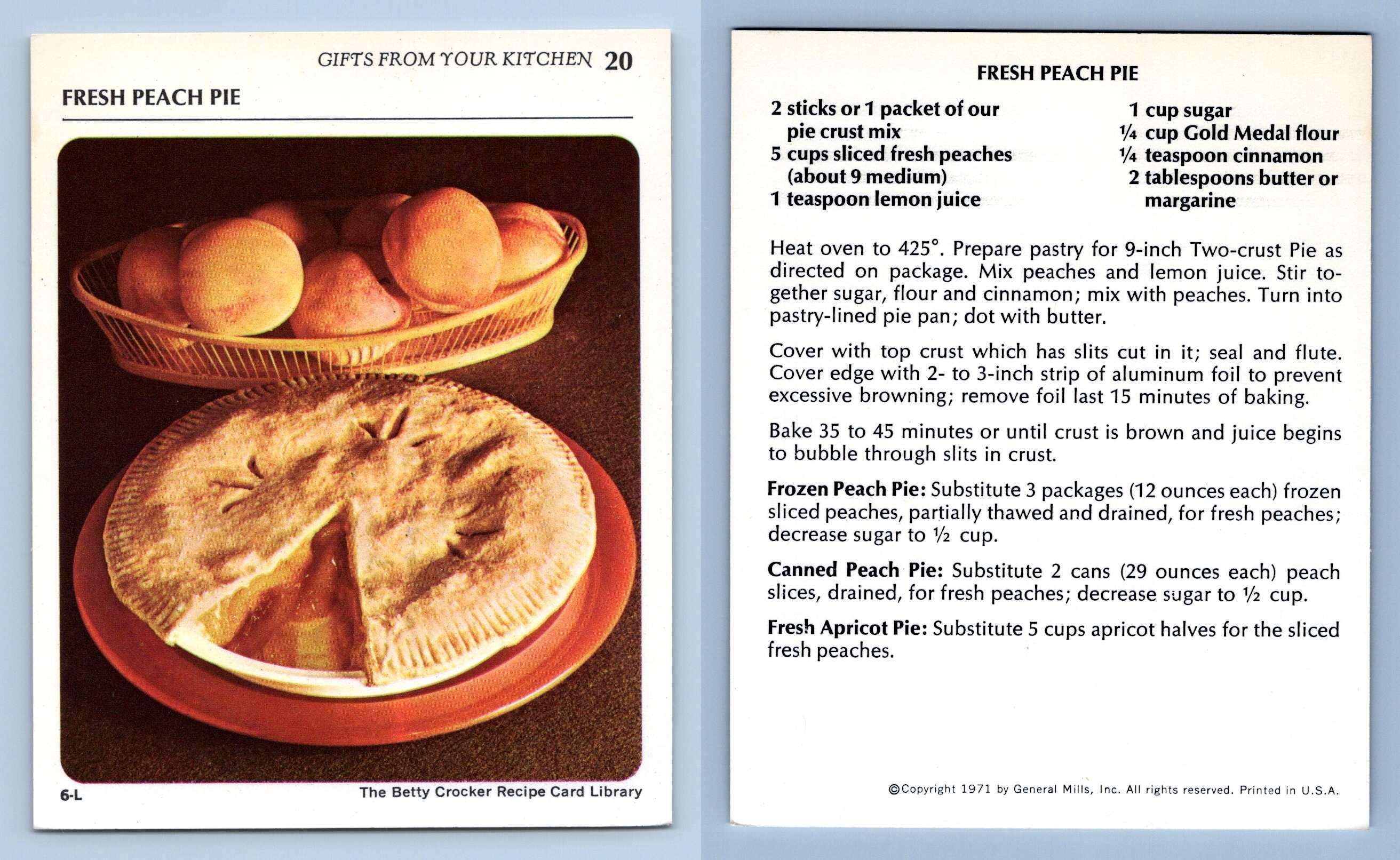Fresh Peach Pie 20 Gifts Betty Crocker 1971 Recipe Card