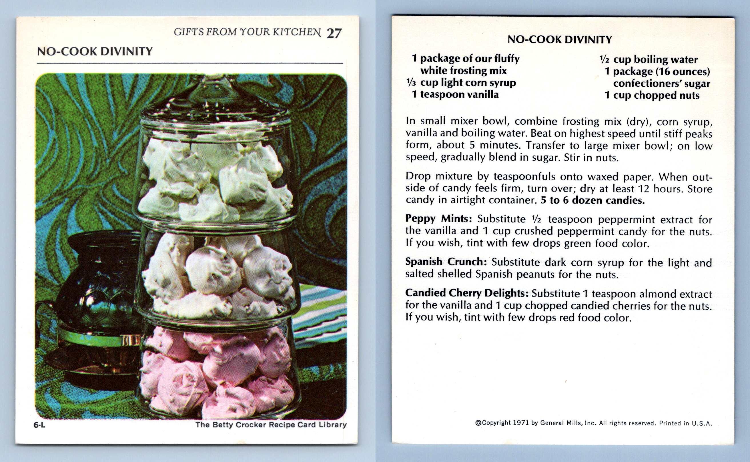 NoCook Divinity 27 Gifts Betty Crocker 1971 Recipe Card