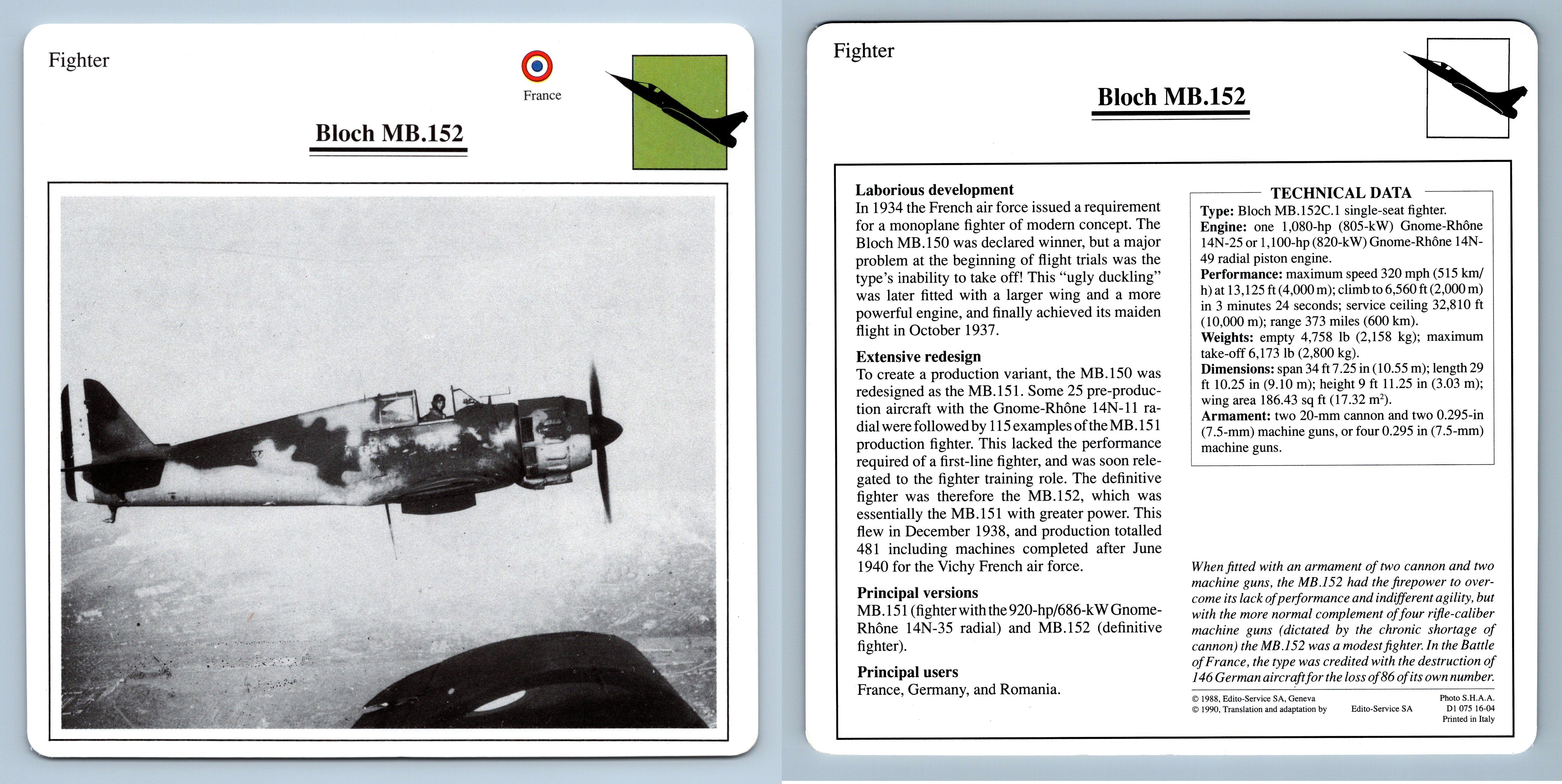 Bloch MB.152 Fighter Warplanes Collectors Club Card 
