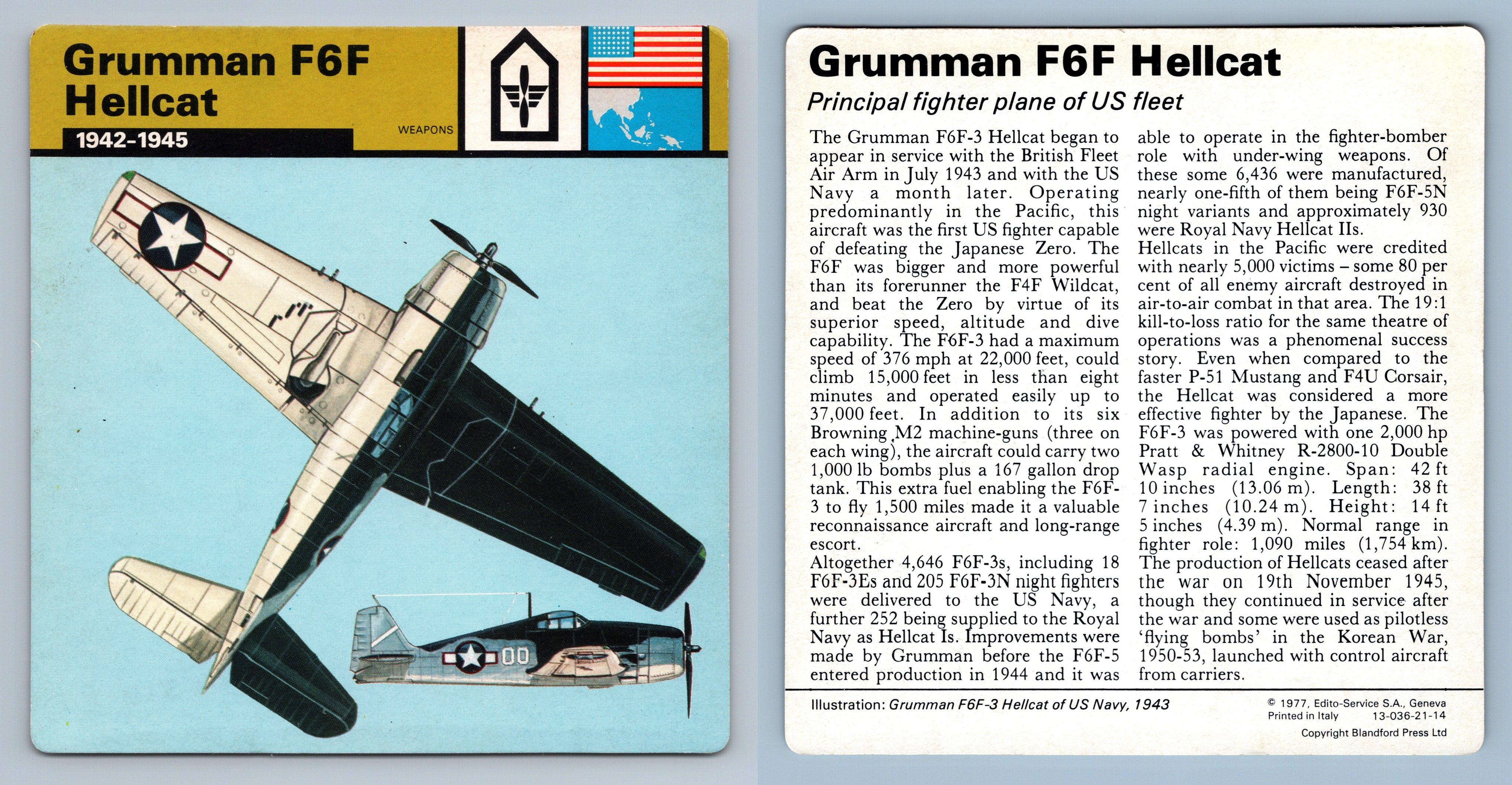 Grumman F6F Hellcat 1942-45 WW2 Edito-Service SA 1977 Card Weapons