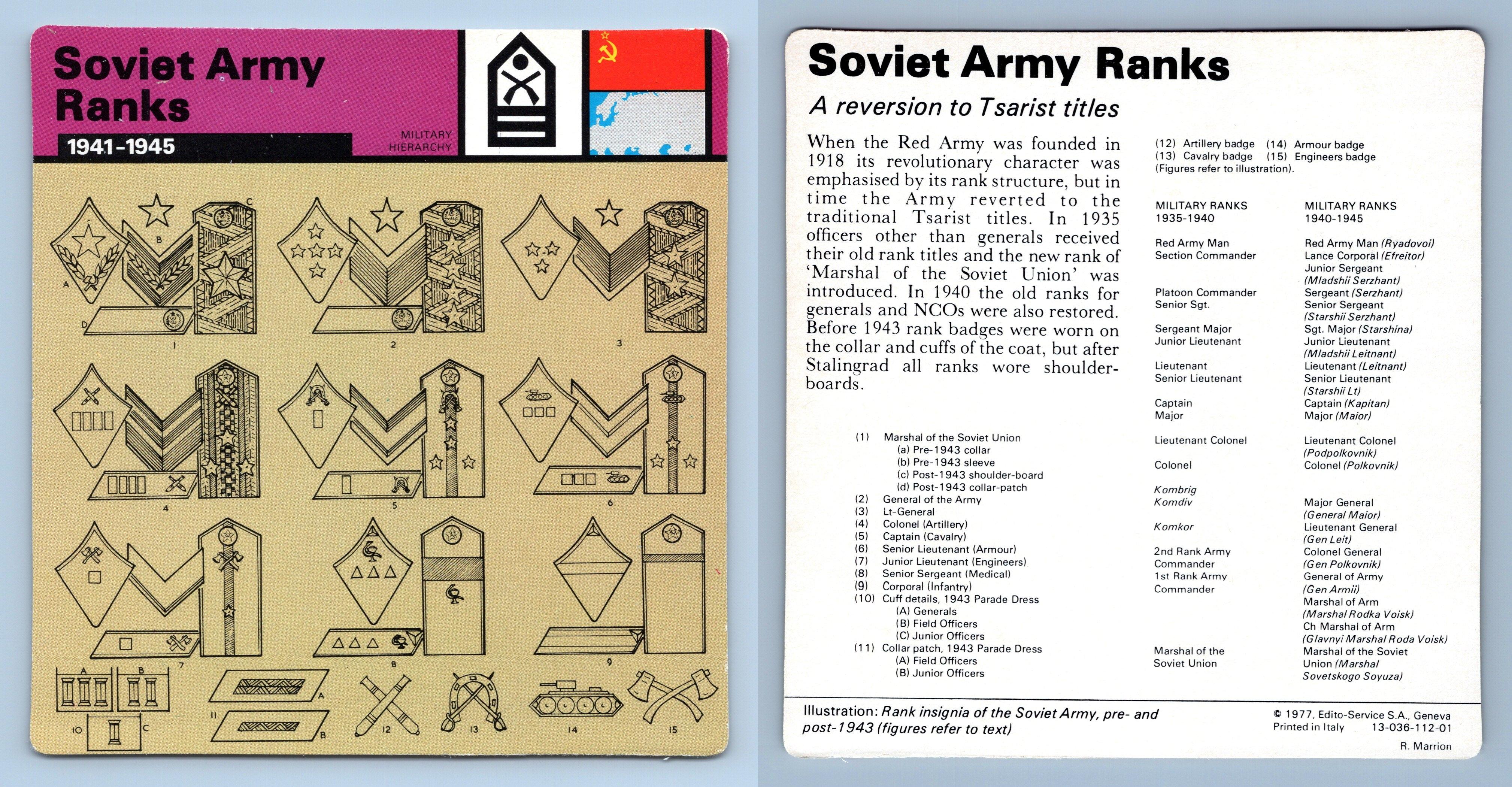 Soviet Army Ranks 1941 45 Military Ww2 Edito Service Sa 1977 Card