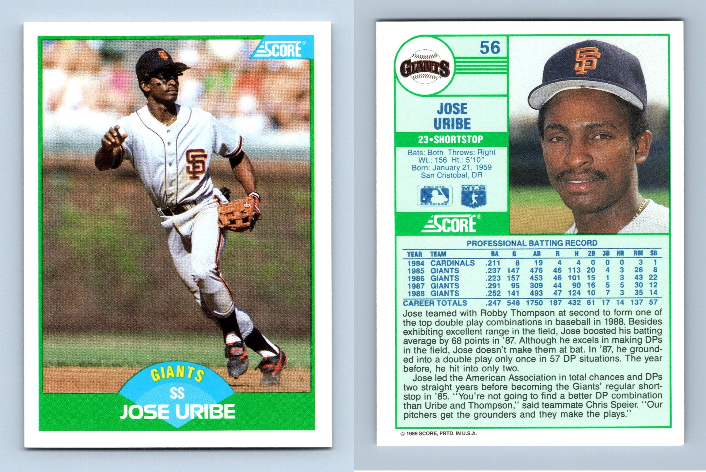 Jose Uribe - Giants #56 Score 1989 Baseball Trading Card