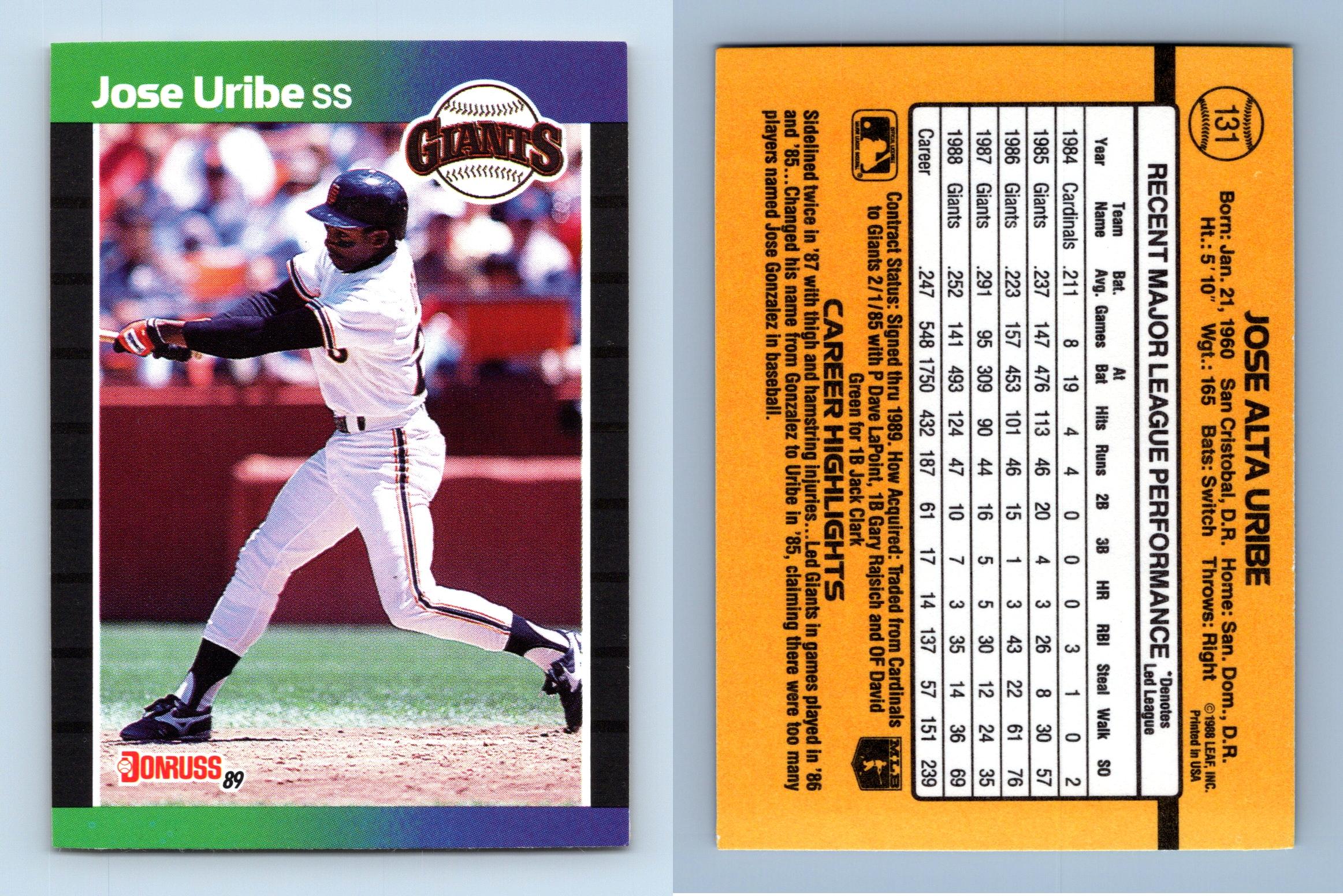 Jose Uribe Giants 131 Donruss 1989 Baseball Trading Card