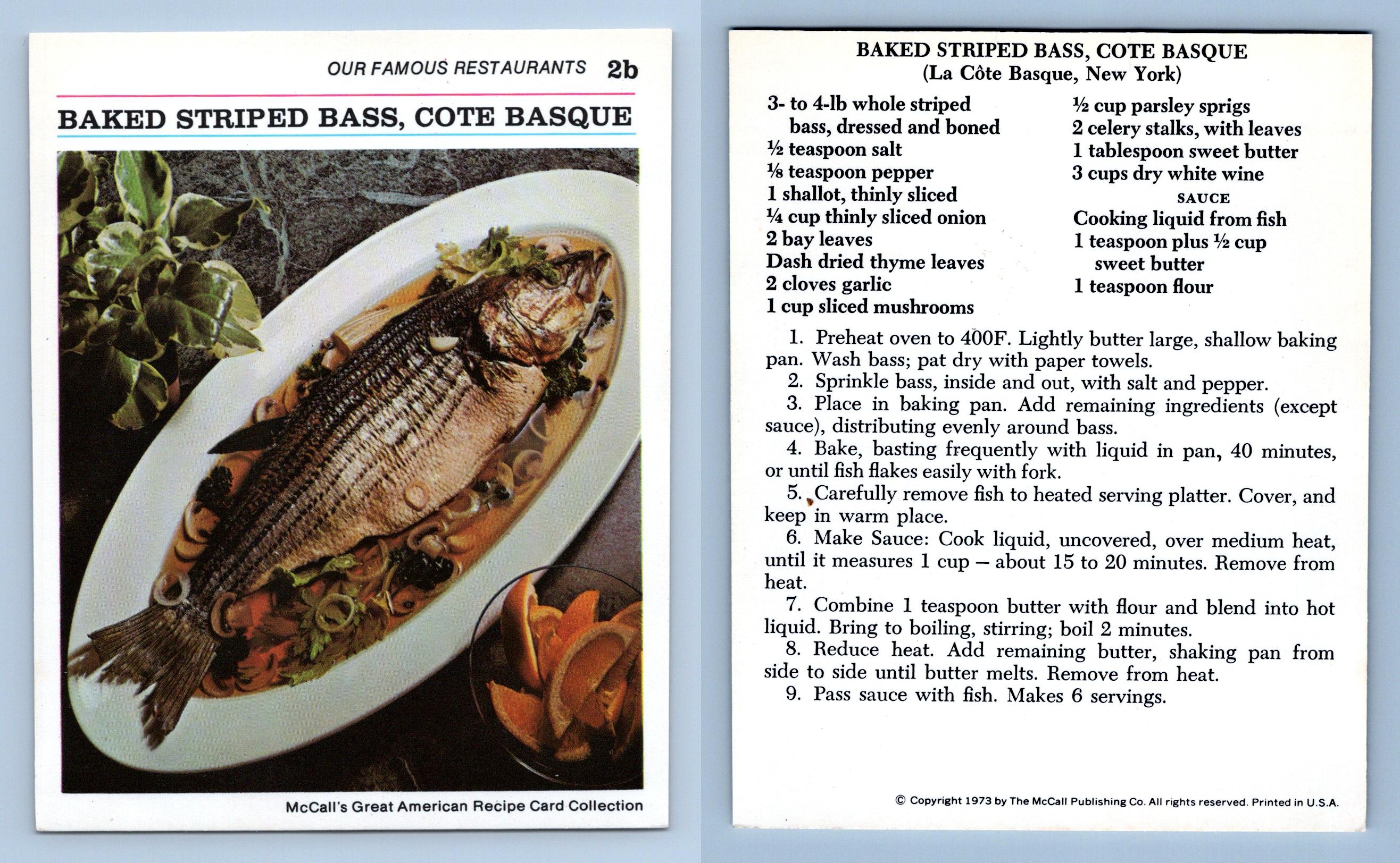 Baked Striped Bass 2b Restaurants McCall's Great American Recipe Card