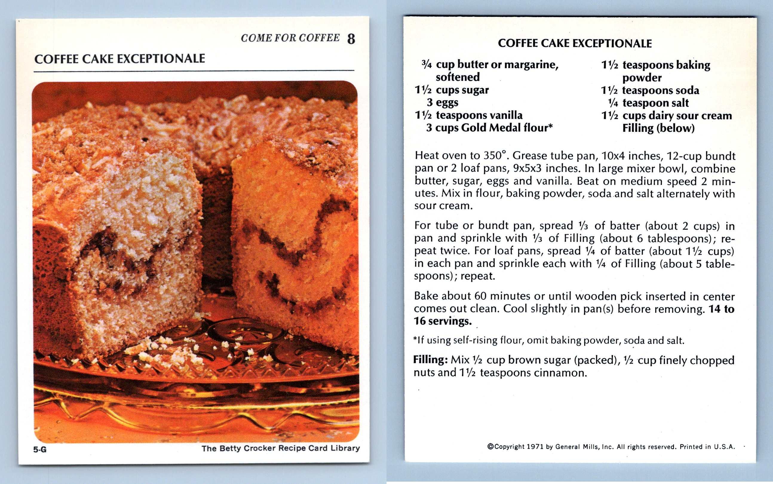 Coffee Cake Exceptionale 8 Coffee Betty Crocker 1971 Recipe Card