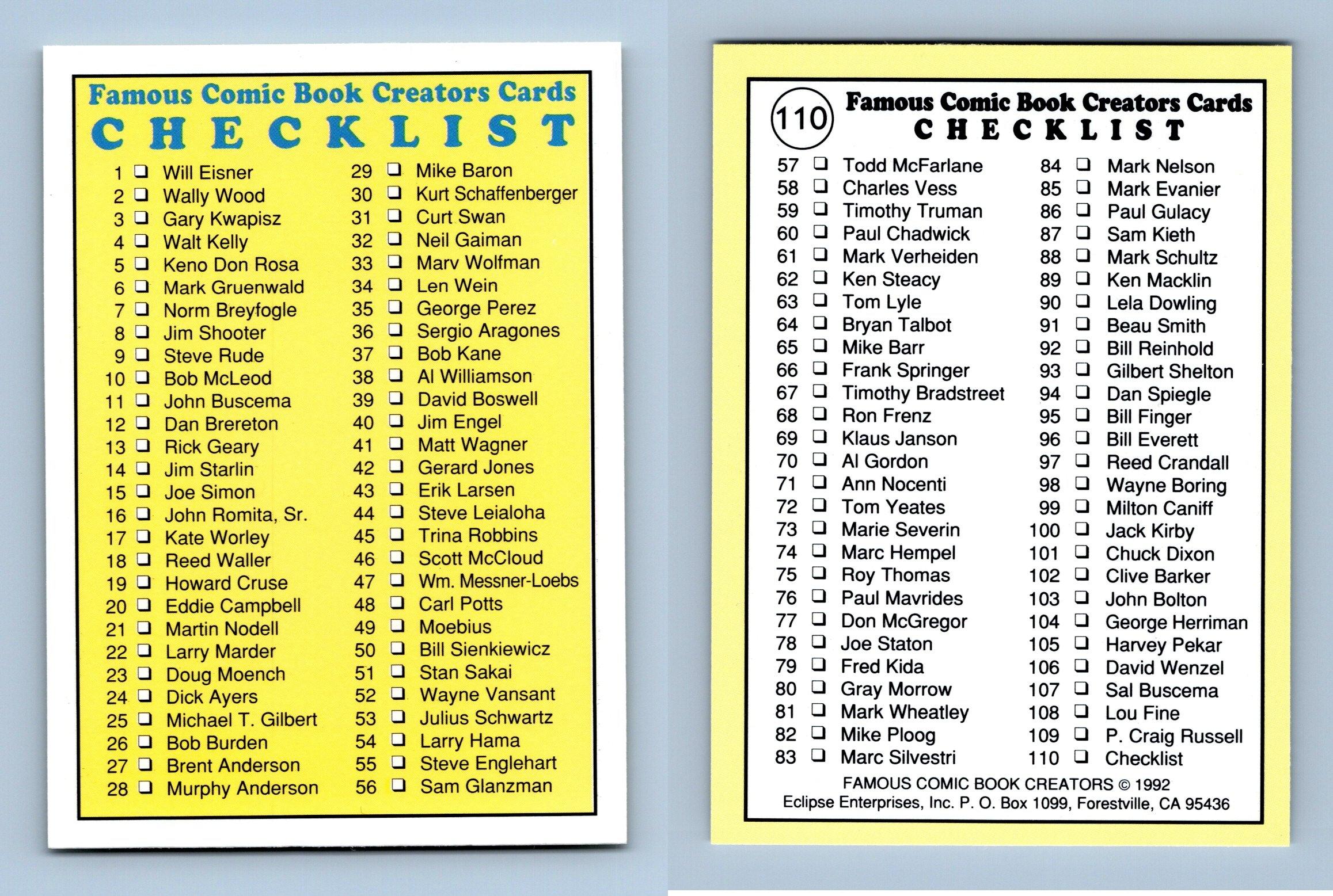 Checklist 110 Famous Comic Book Creators 1992 Eclipse Trading Card