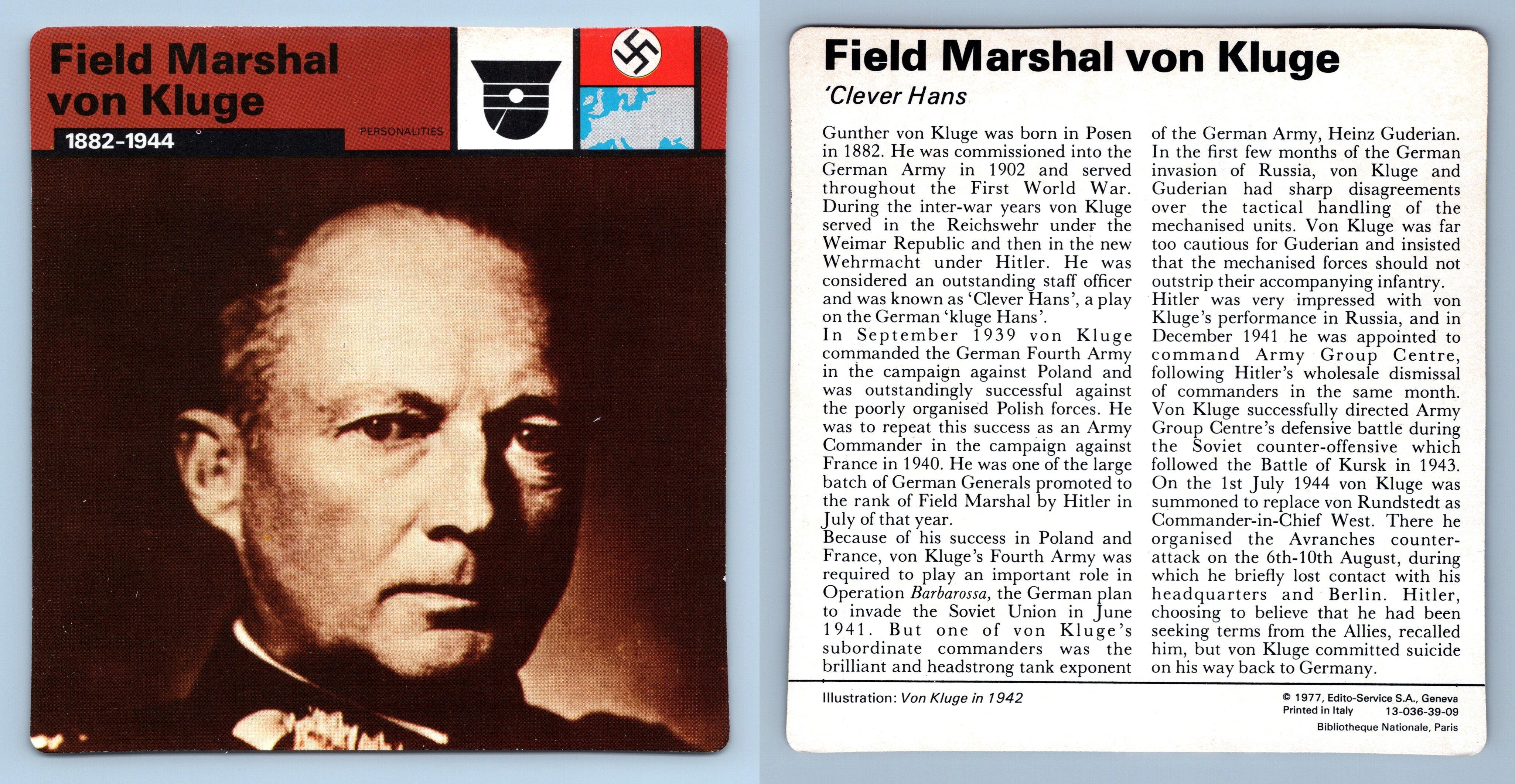 Field Marshal Von Kluge Personalities WW2 EditoService SA 1977 Card