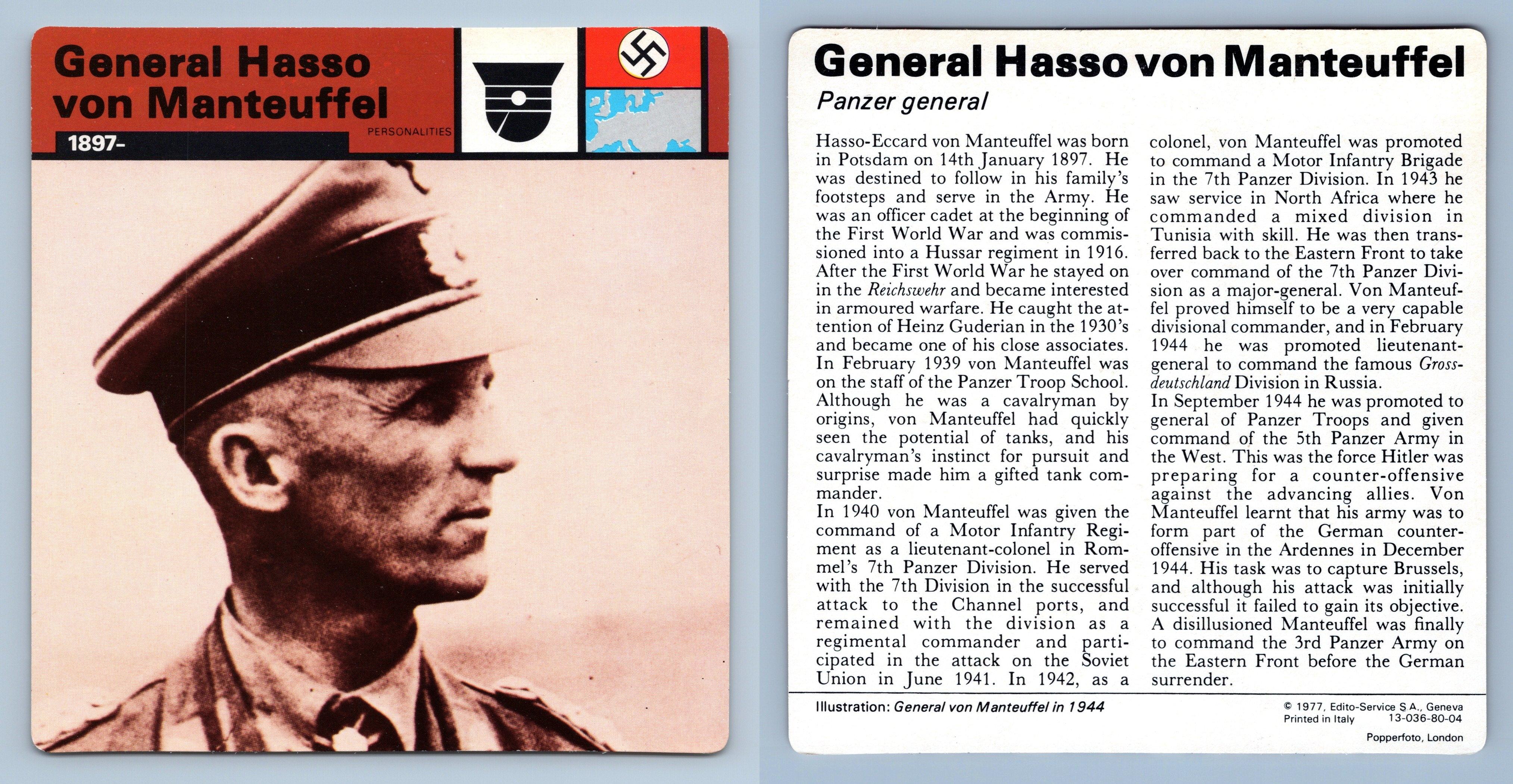 WW2 Edito-Service SA 1977 Card General Von Arnim 1891-1971 Personalities