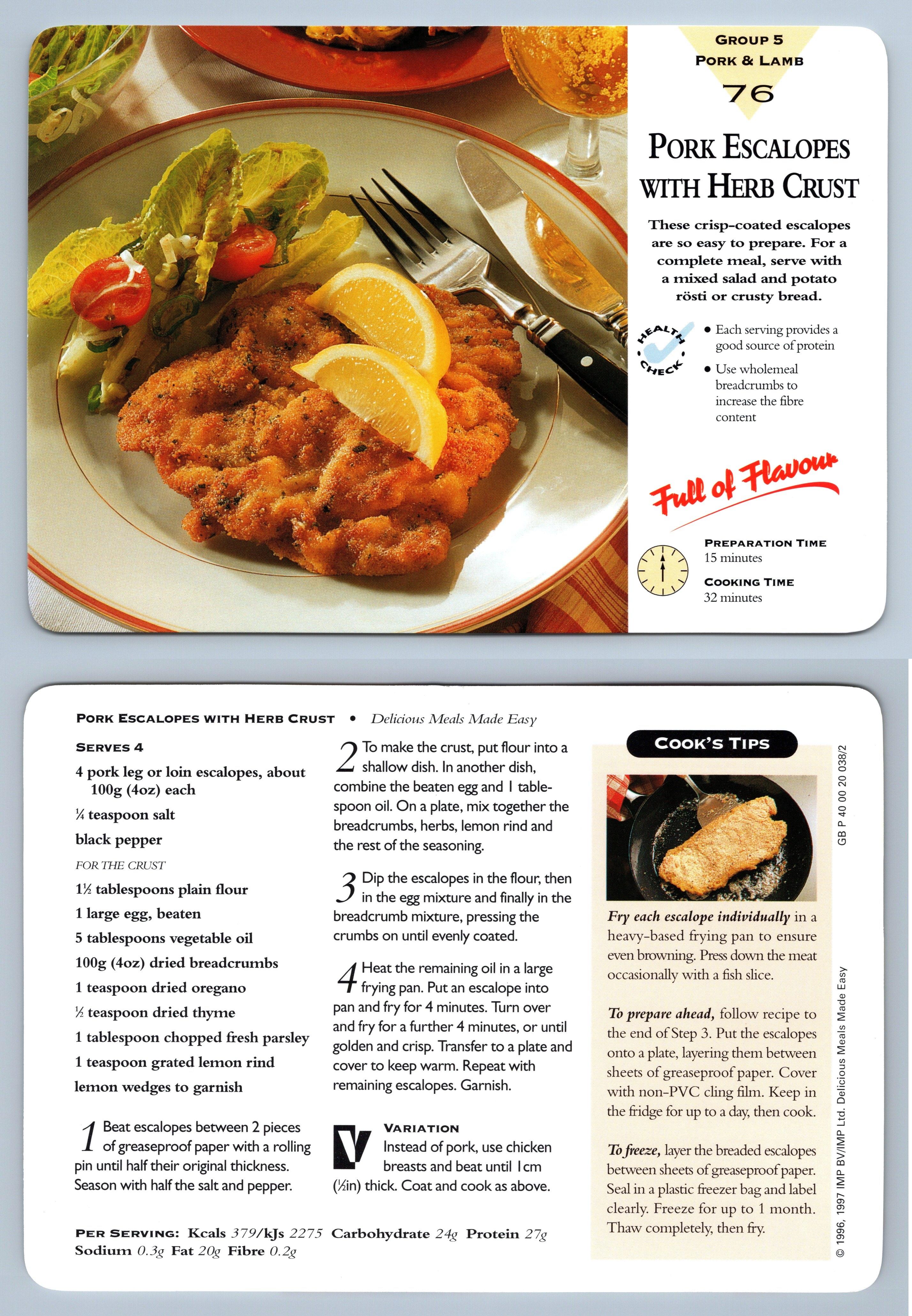 Pork Escalopes 76 Pork/Lamb Delicious Meals Made Easy 19967 Recipe Card