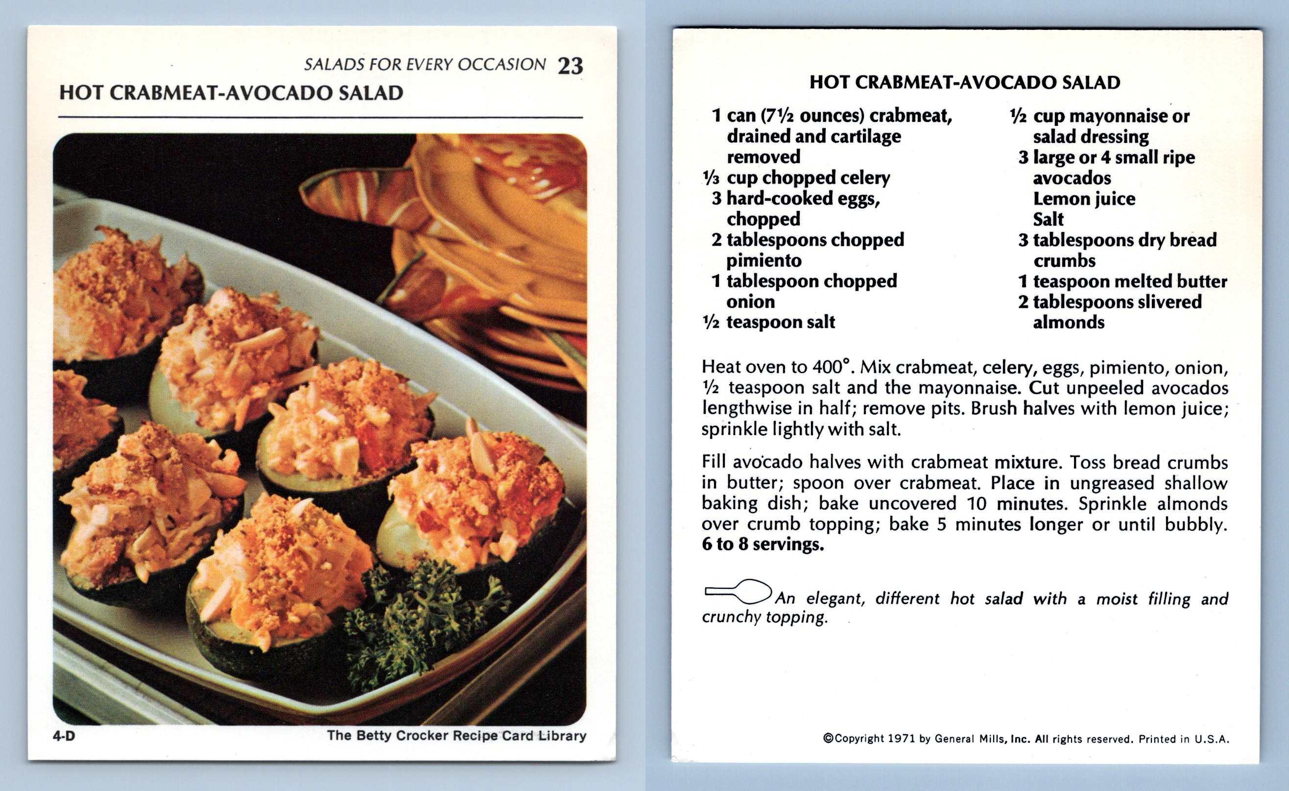 Hot CrabmeatAvocado Salad 23 Salads Betty Crocker 1971 Recipe Card