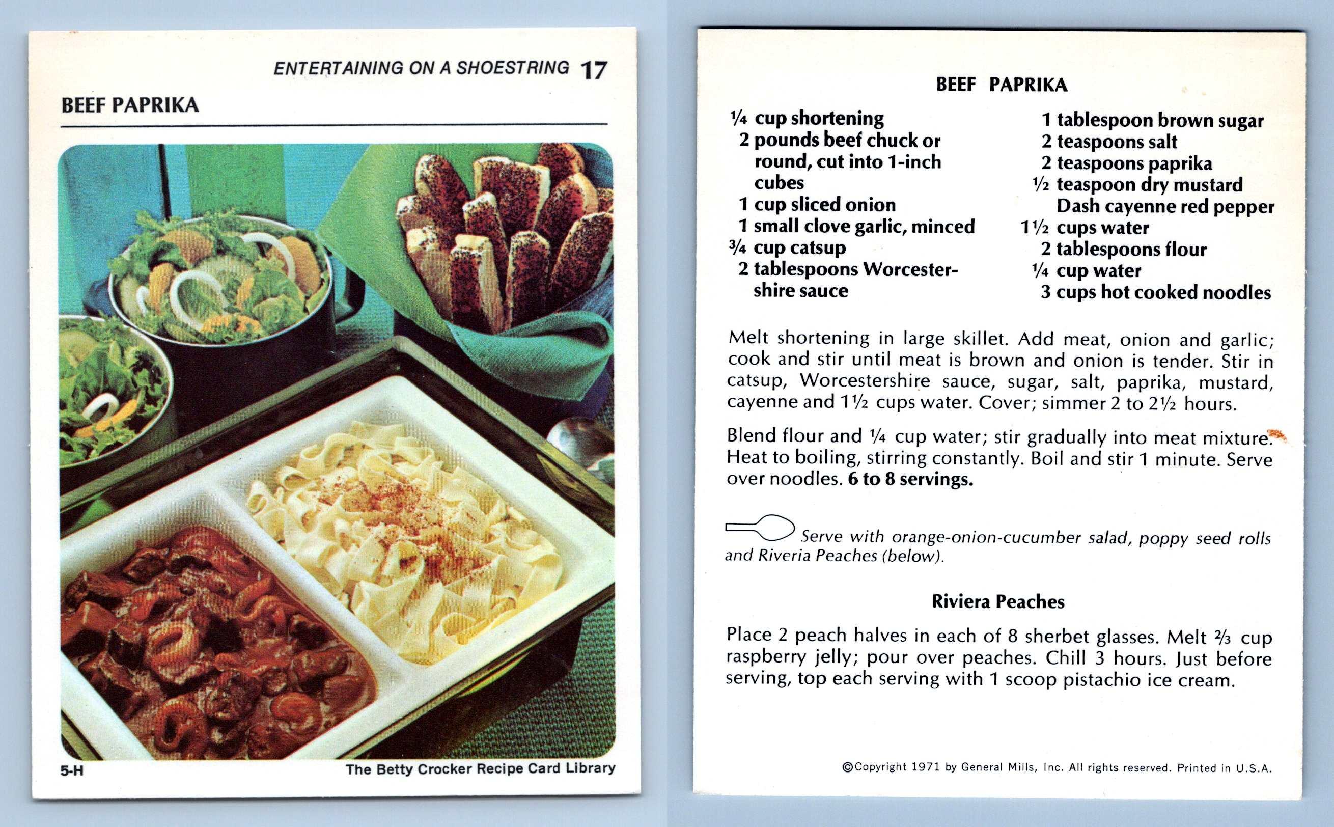 Beef Paprika 17 Entertaining Betty Crocker 1971 Recipe Card