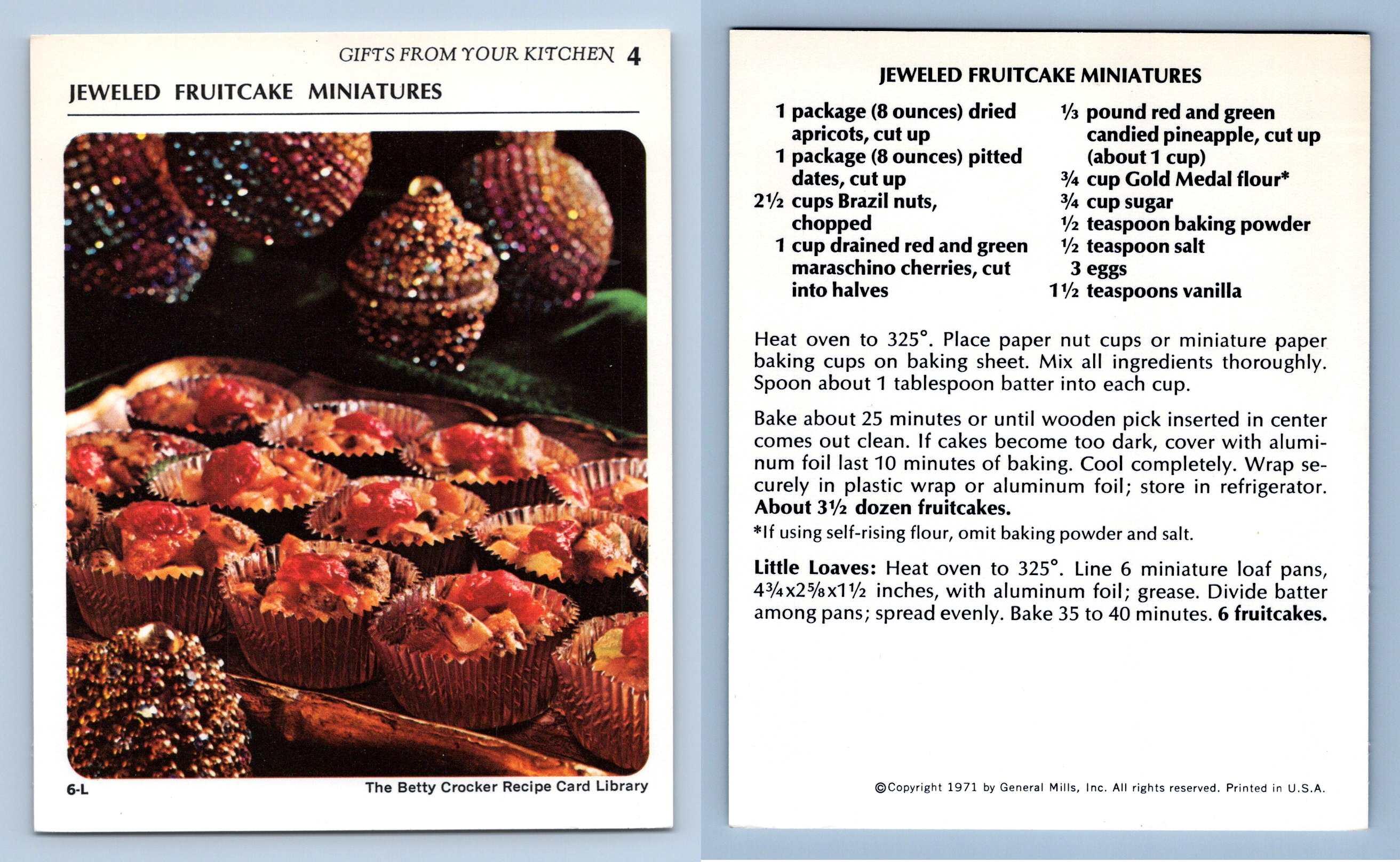 Jeweled Fruitcake Miniatures 4 Gifts Betty Crocker 1971 Recipe Card