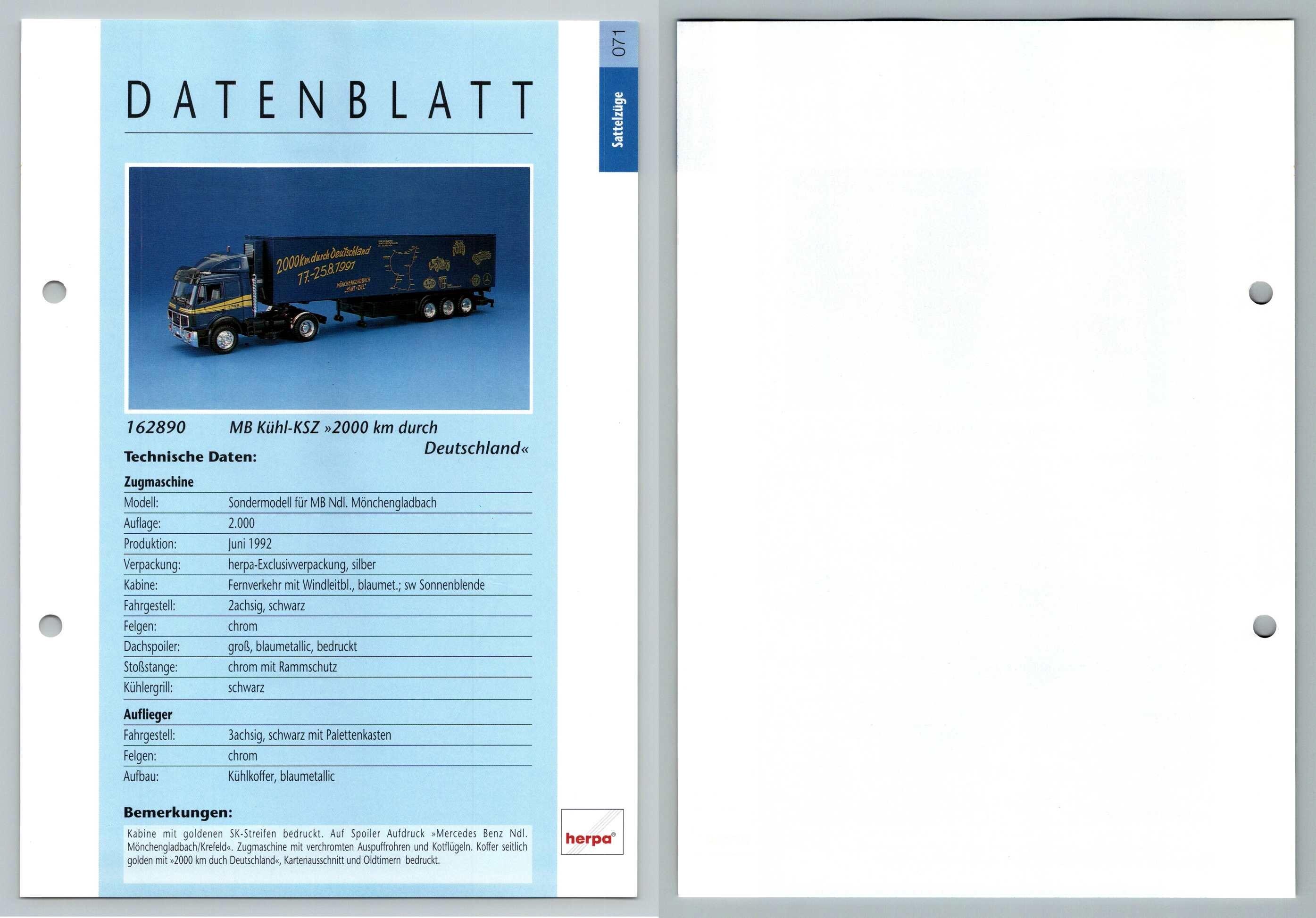 Mb Kuhl Ksz 2000 Km Durch 71 Sattelzuge Datenblatt Herpa Data Sheet