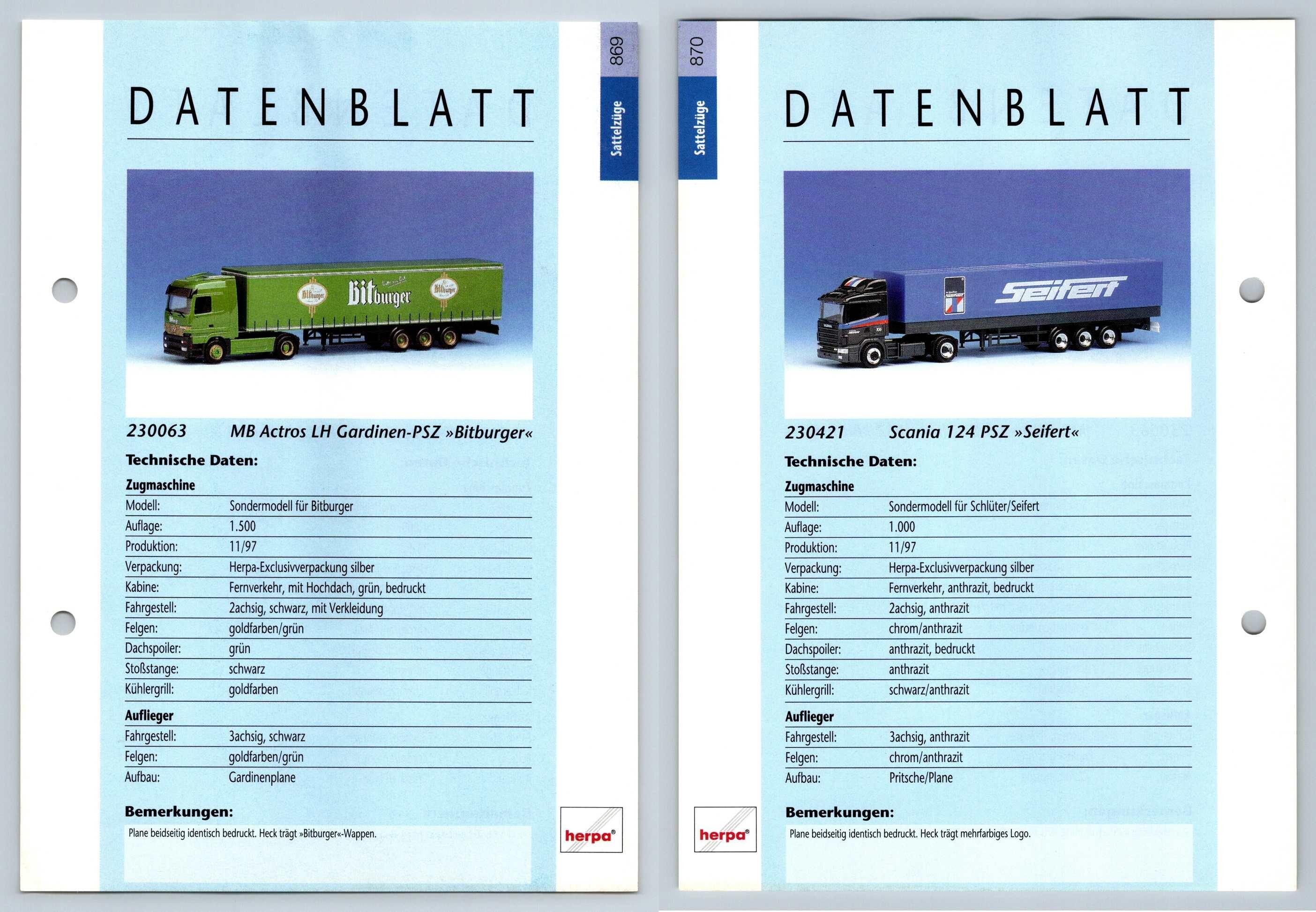 Mb Actros Lh Scania 124 869 70 Sattelzuge Datenblatt Herpa Data Sheet