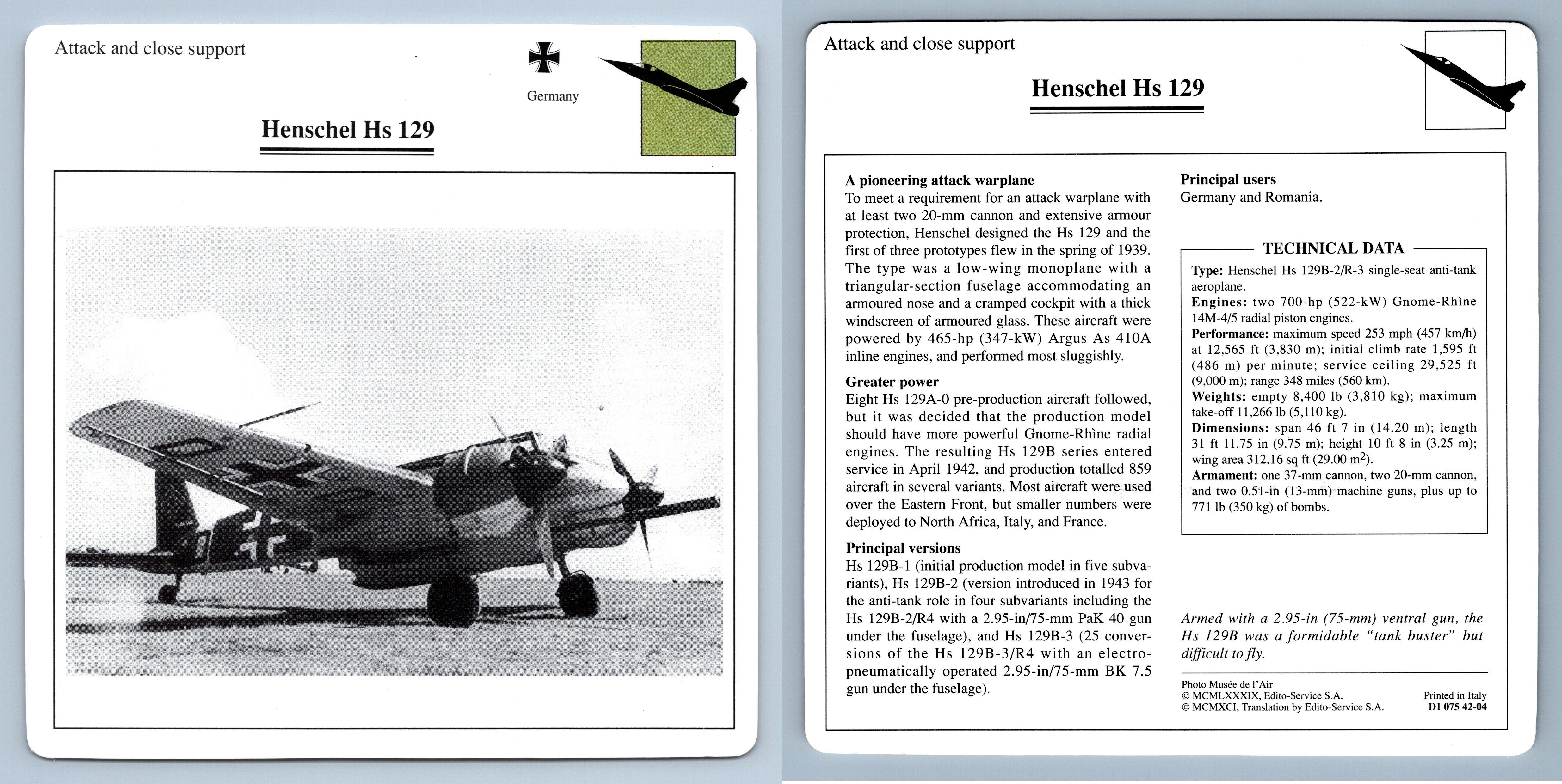 Henschel Hs 129 Warplanes Collectors Club Card Attack 