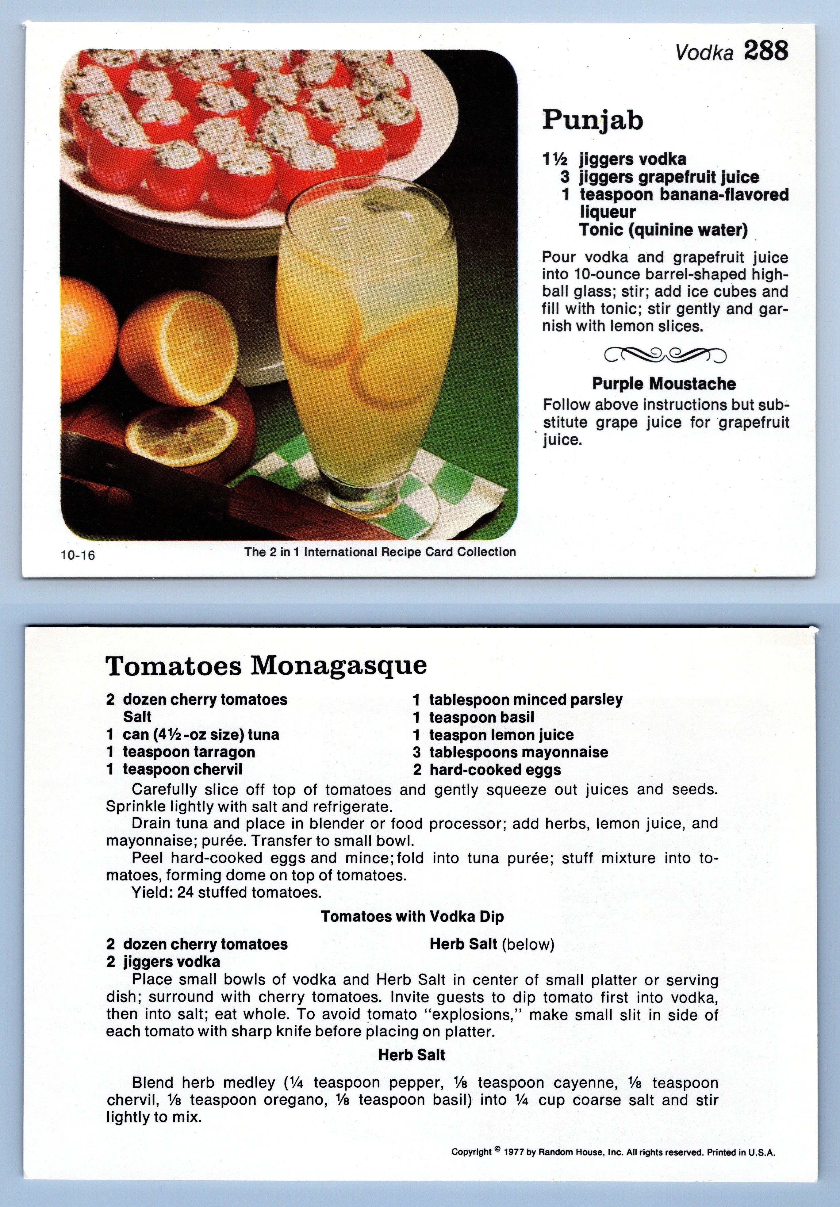 Punjab 288 Vodka 1977 The 2 in 1 International Recipe Card