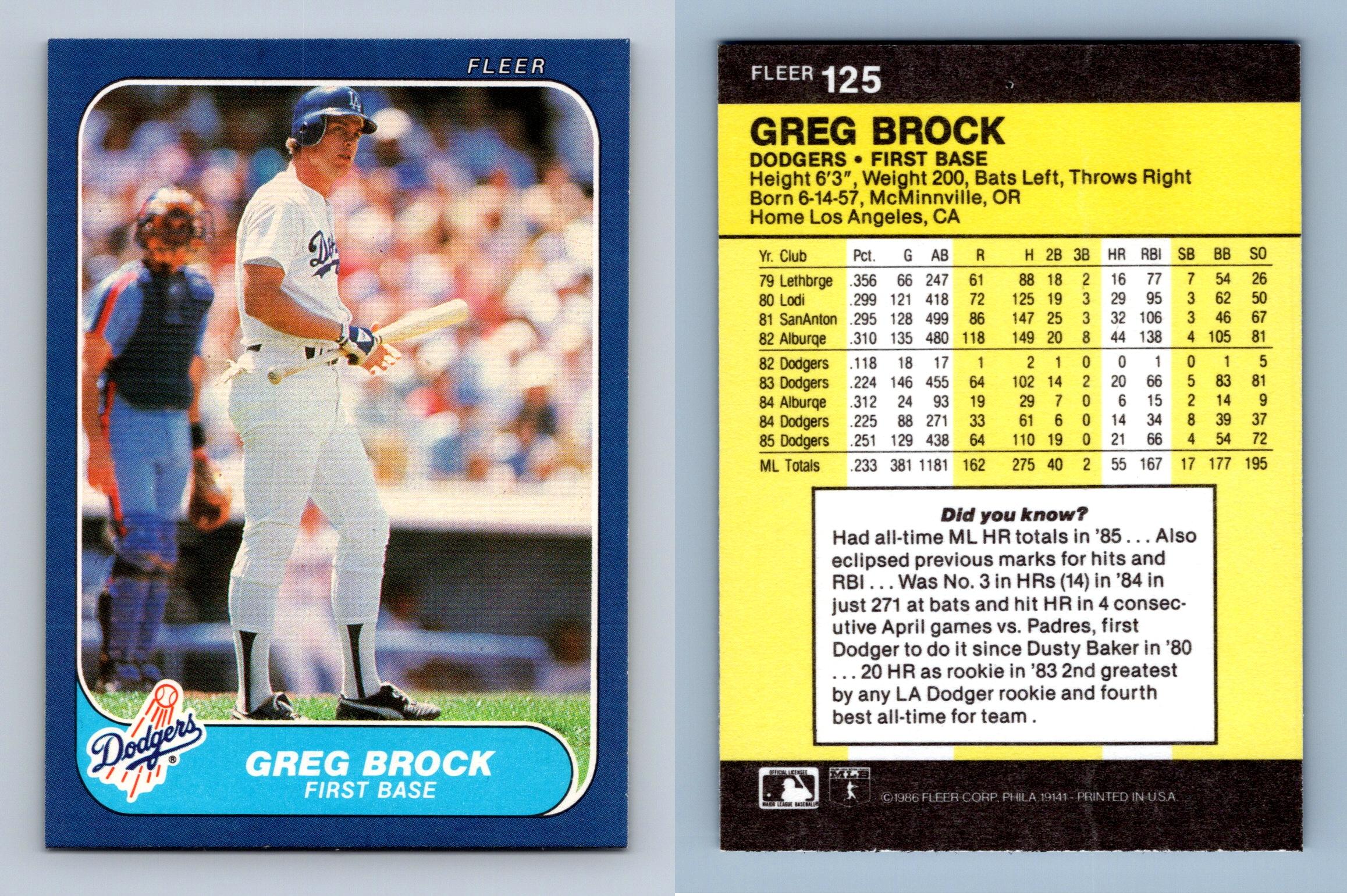 Greg Brock Dodgers 125 Fleer 1986 Baseball Trading Card