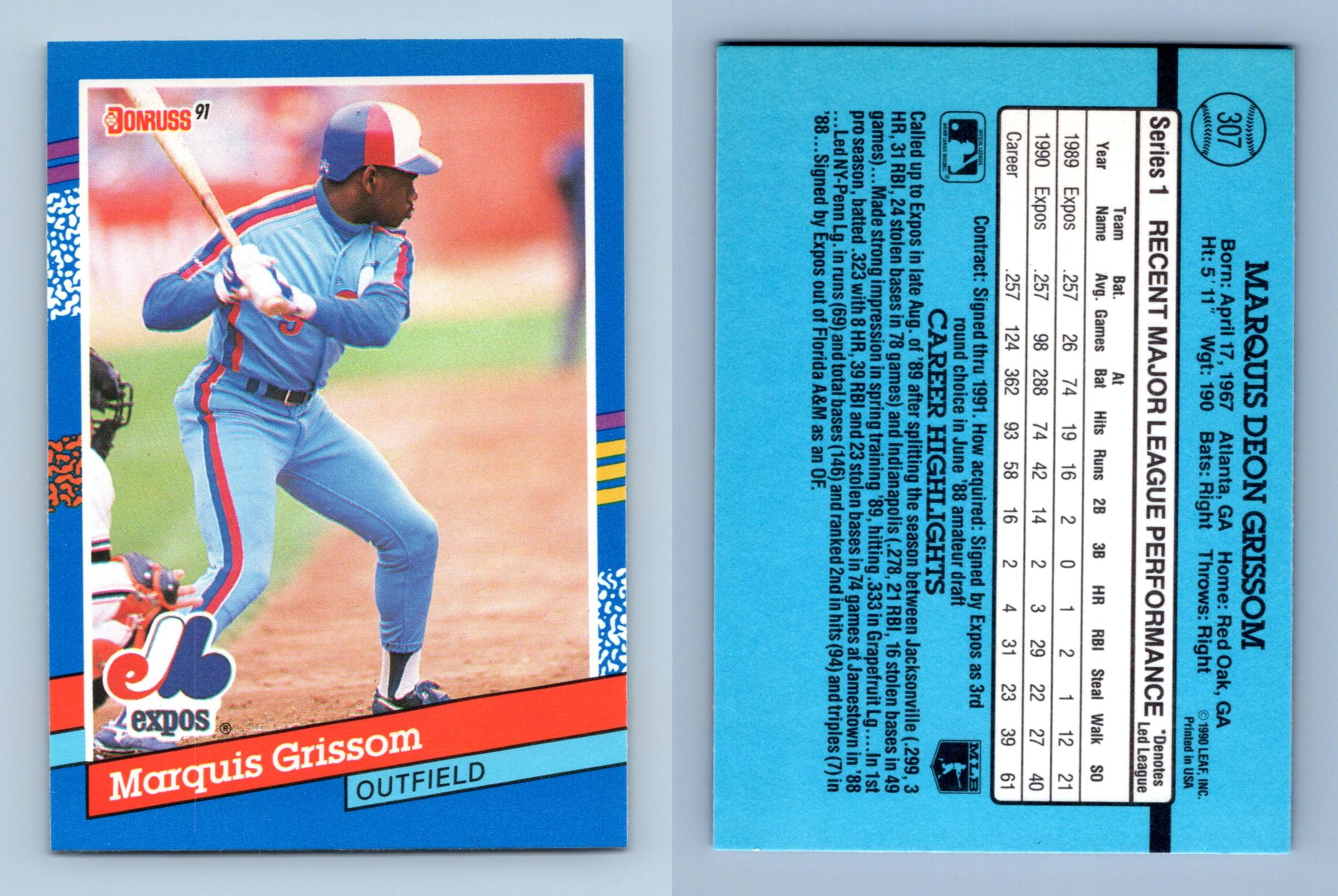 Marquis Grissom - Expos #307 Donruss 1991 Baseball Trading Card
