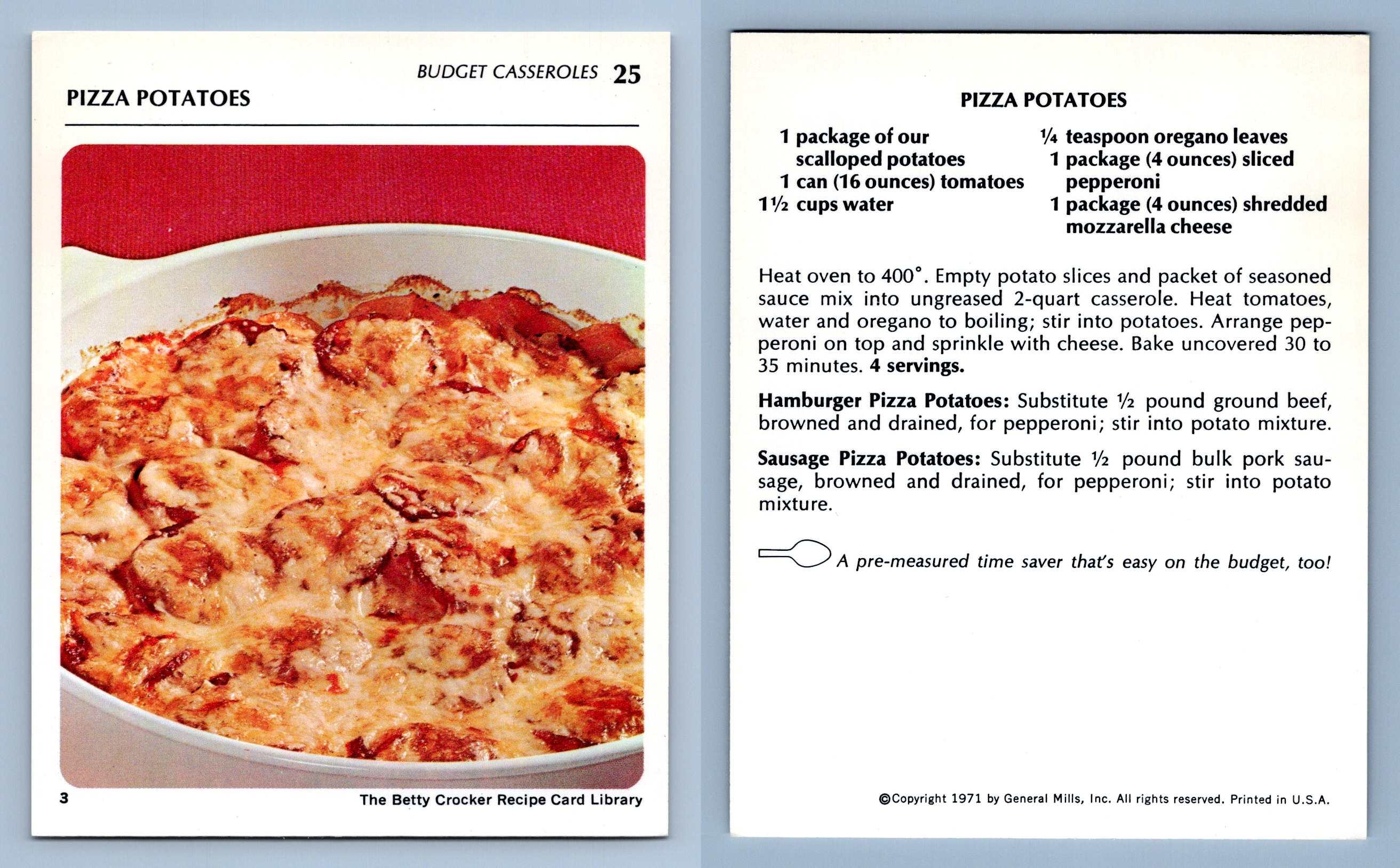 Pizza Potatoes 25 Budget Casseroles Betty Crocker 1971 Recipe Card