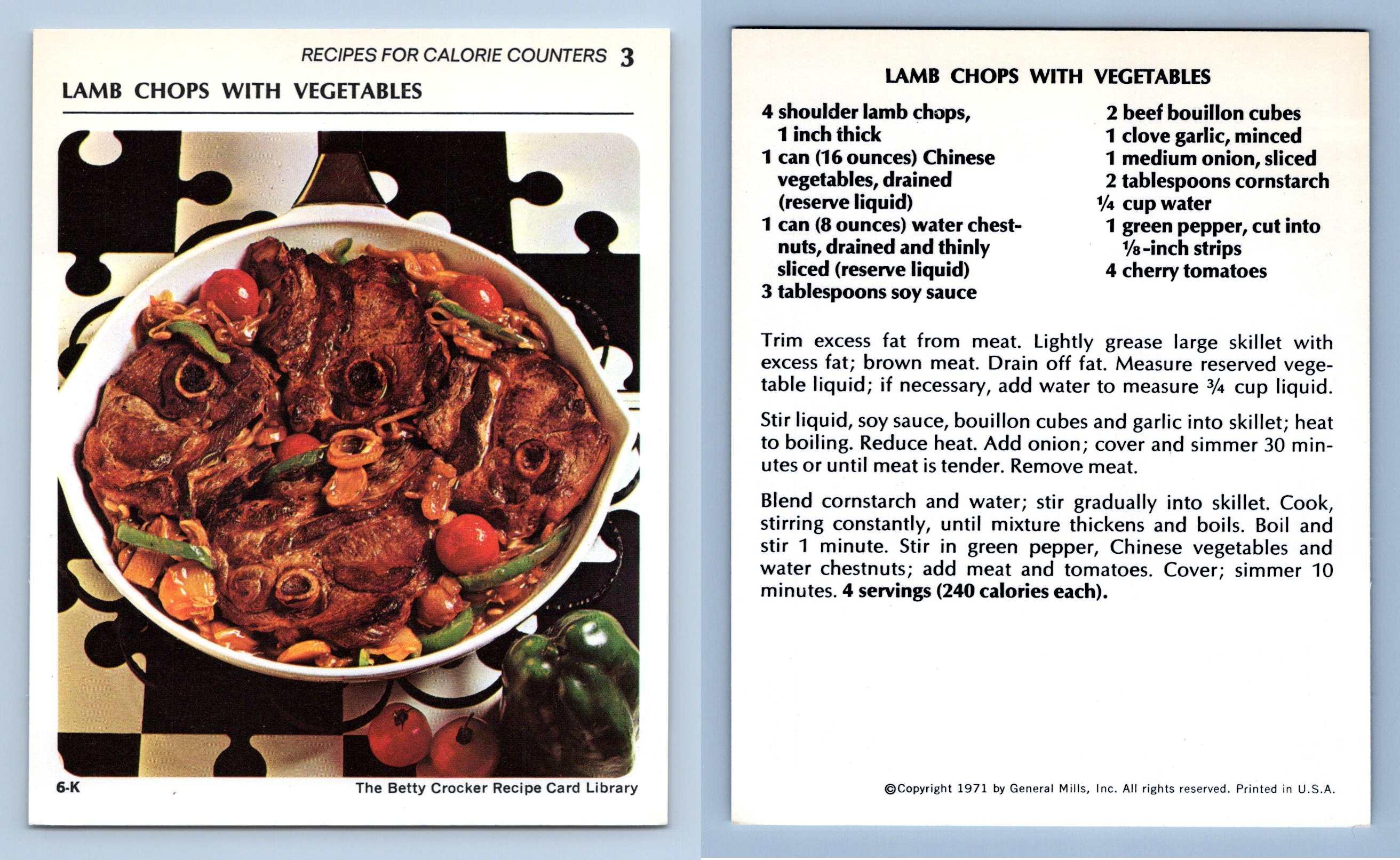 Lamb Chops With Vegetables 3 Calorie Counters Betty Crocker 1971 Recipe Card