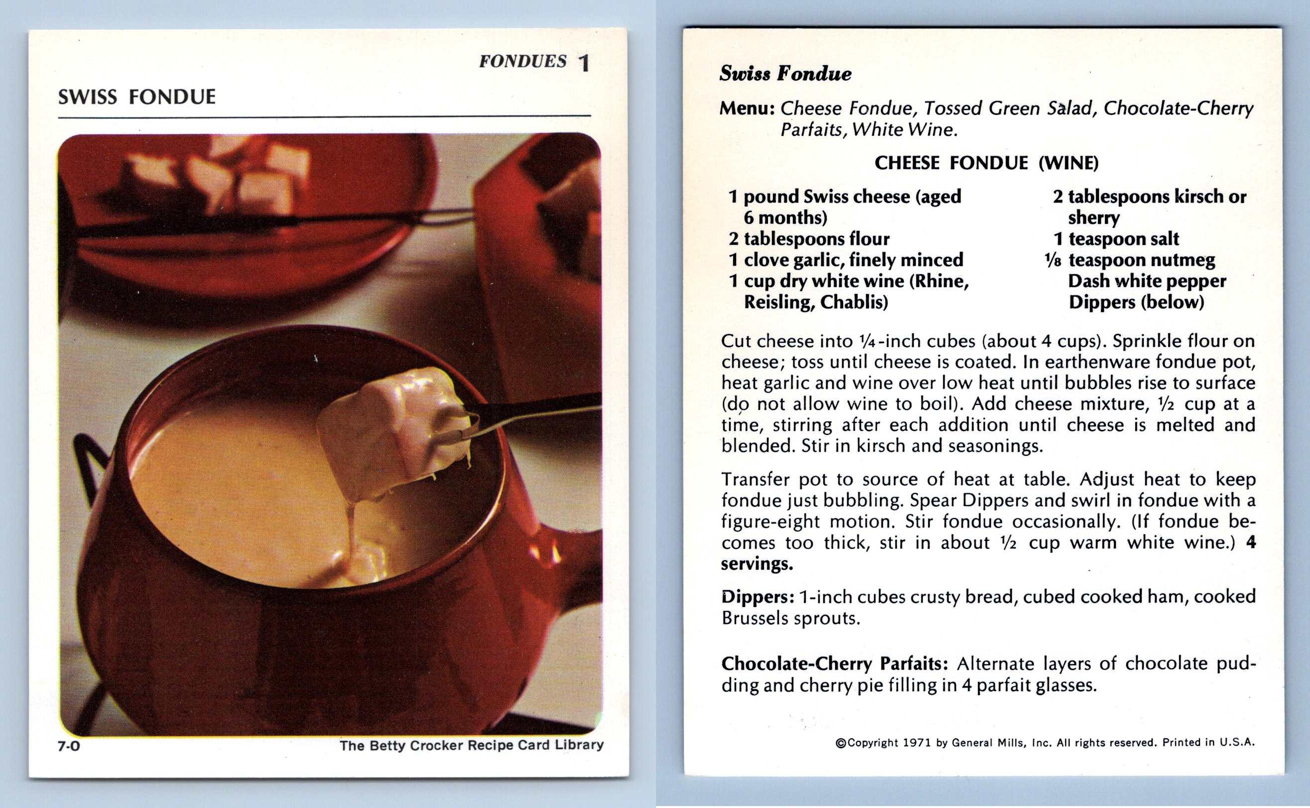 Swiss Fondue 1 Fondues Betty Crocker 1971 Recipe Card