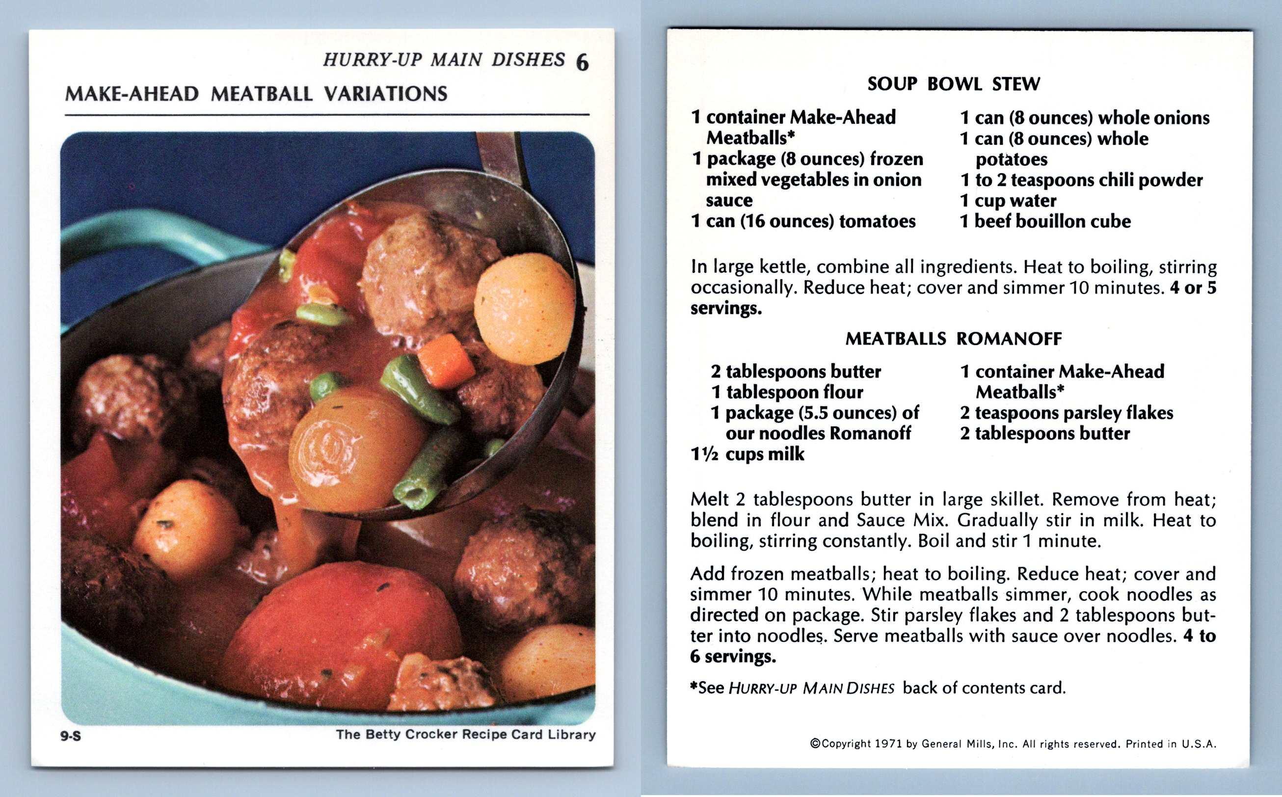 MakeAhead Meatball Variations 6 Main Dishes Betty Crocker 1971