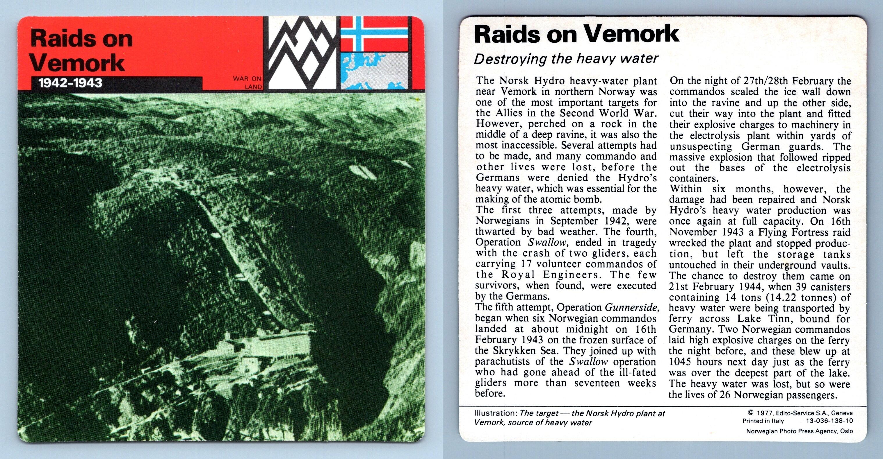 Raids On Vemork 192 43 War On Land WW2 Edito Service SA 1977 Card