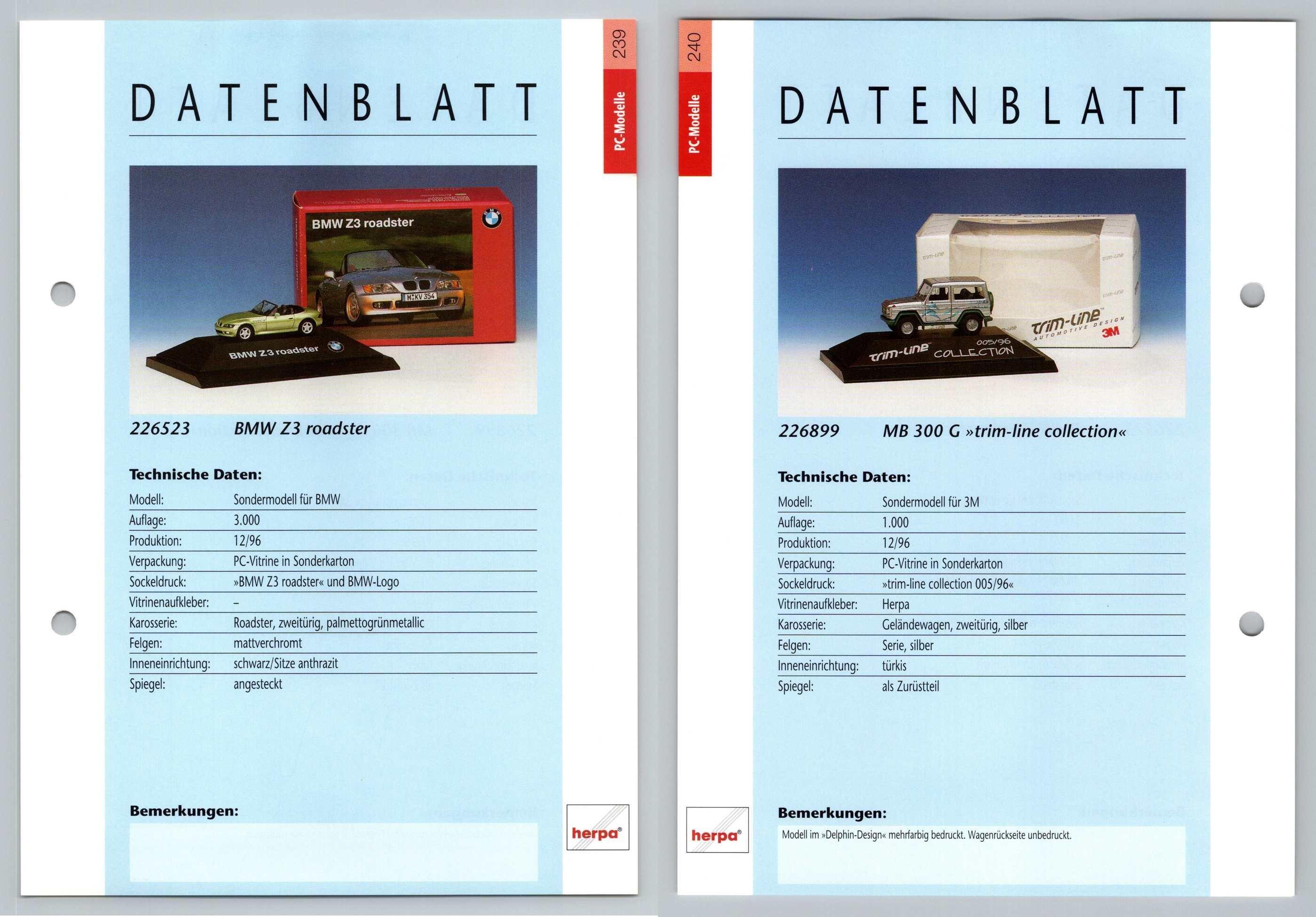 BMW Z3 Roadster / MB 300 G #239/40 PC-Modelle Datenblatt - Herpa Data Sheet