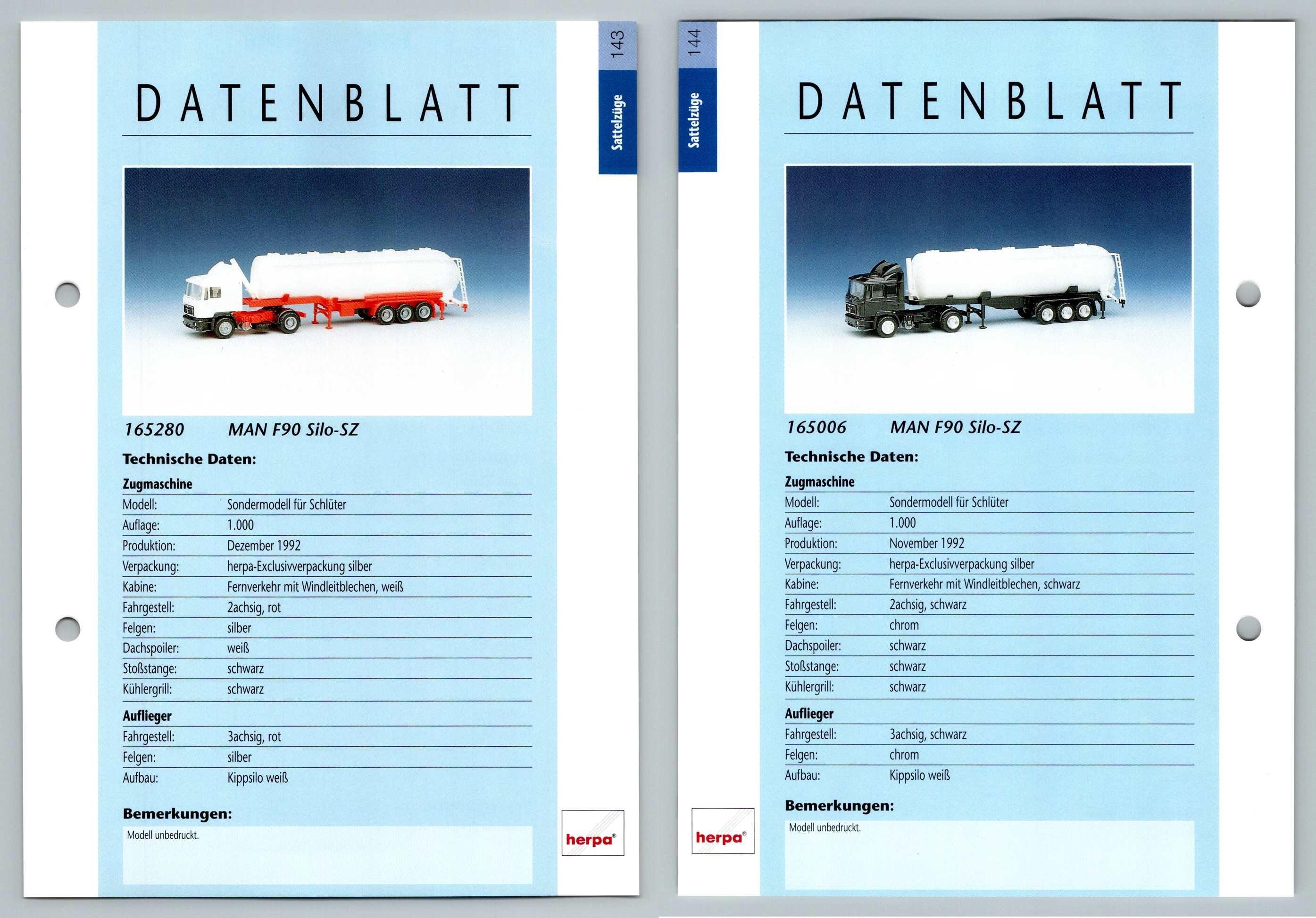 Man F90 Silo Sz 143 144 Sattelzuge Datenblatt Herpa Data Sheet