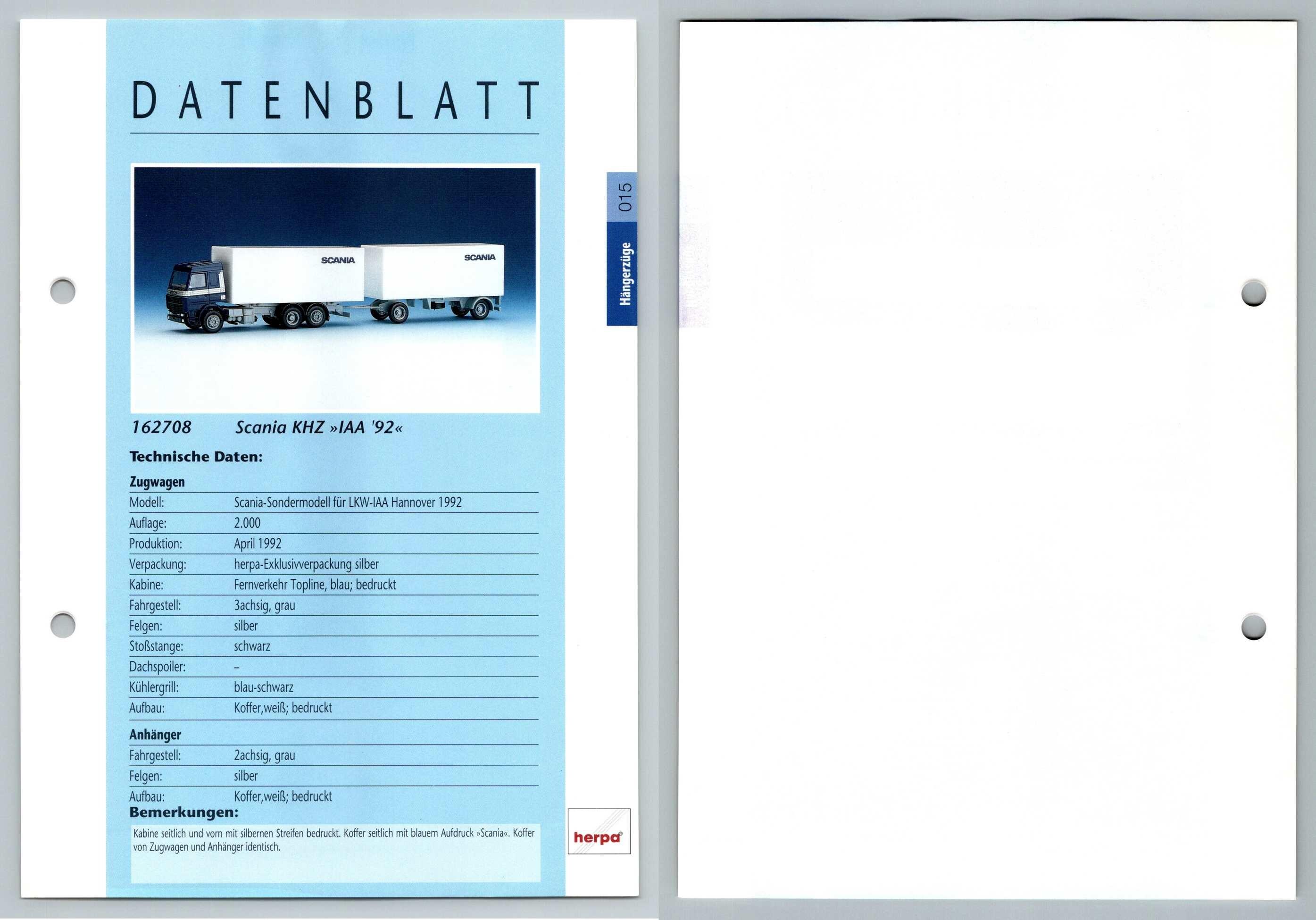 Scania Khz Iaa 92 15 Hangerzuge Datenblatt Herpa Data Sheet