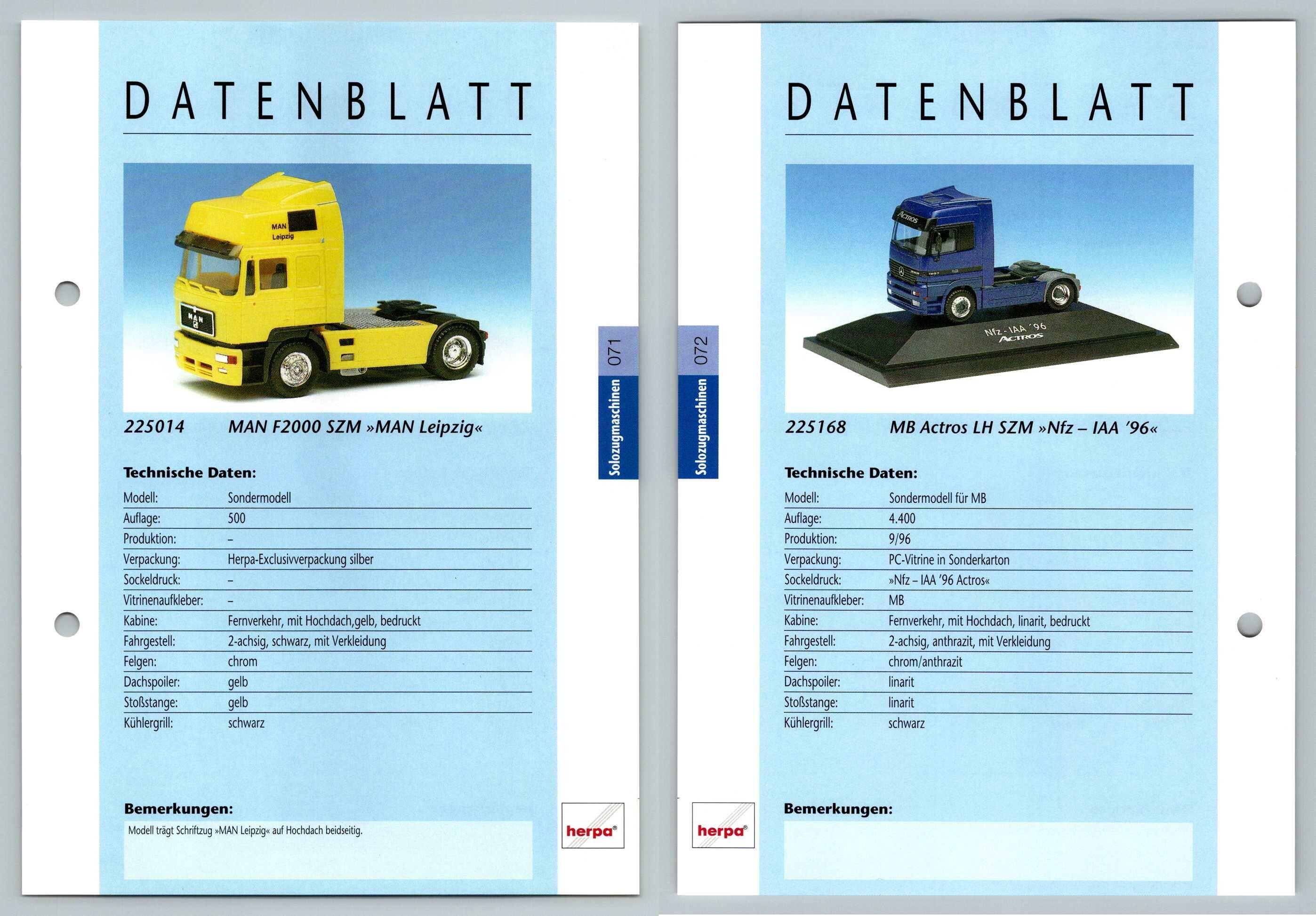 Man F2000 Szm Mb Actros Lh 71 2 Solozugmaschinen Datenblatt Herpa