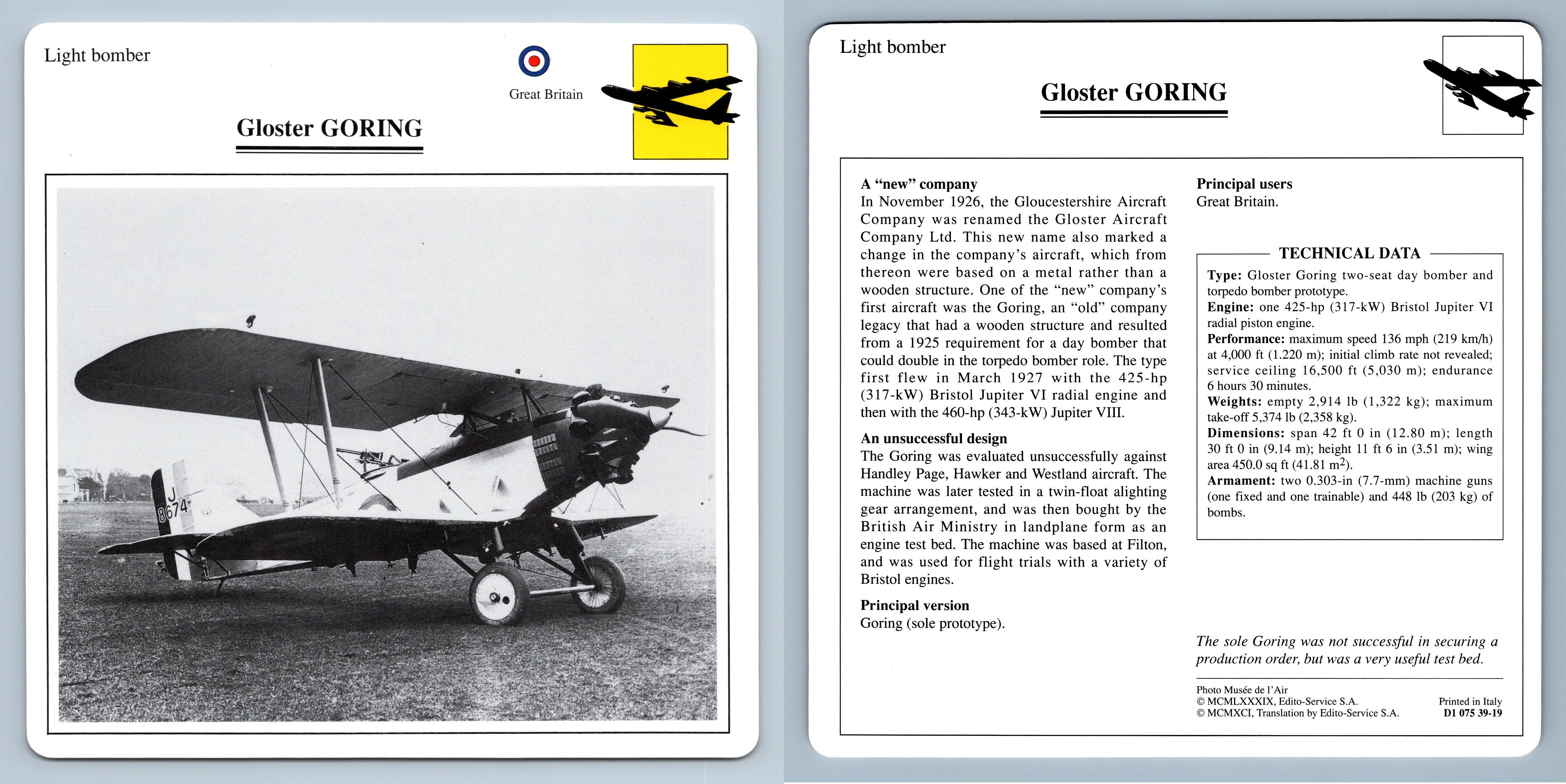 Gloster Goring - Light Bomber - Warplanes Collectors Club Card