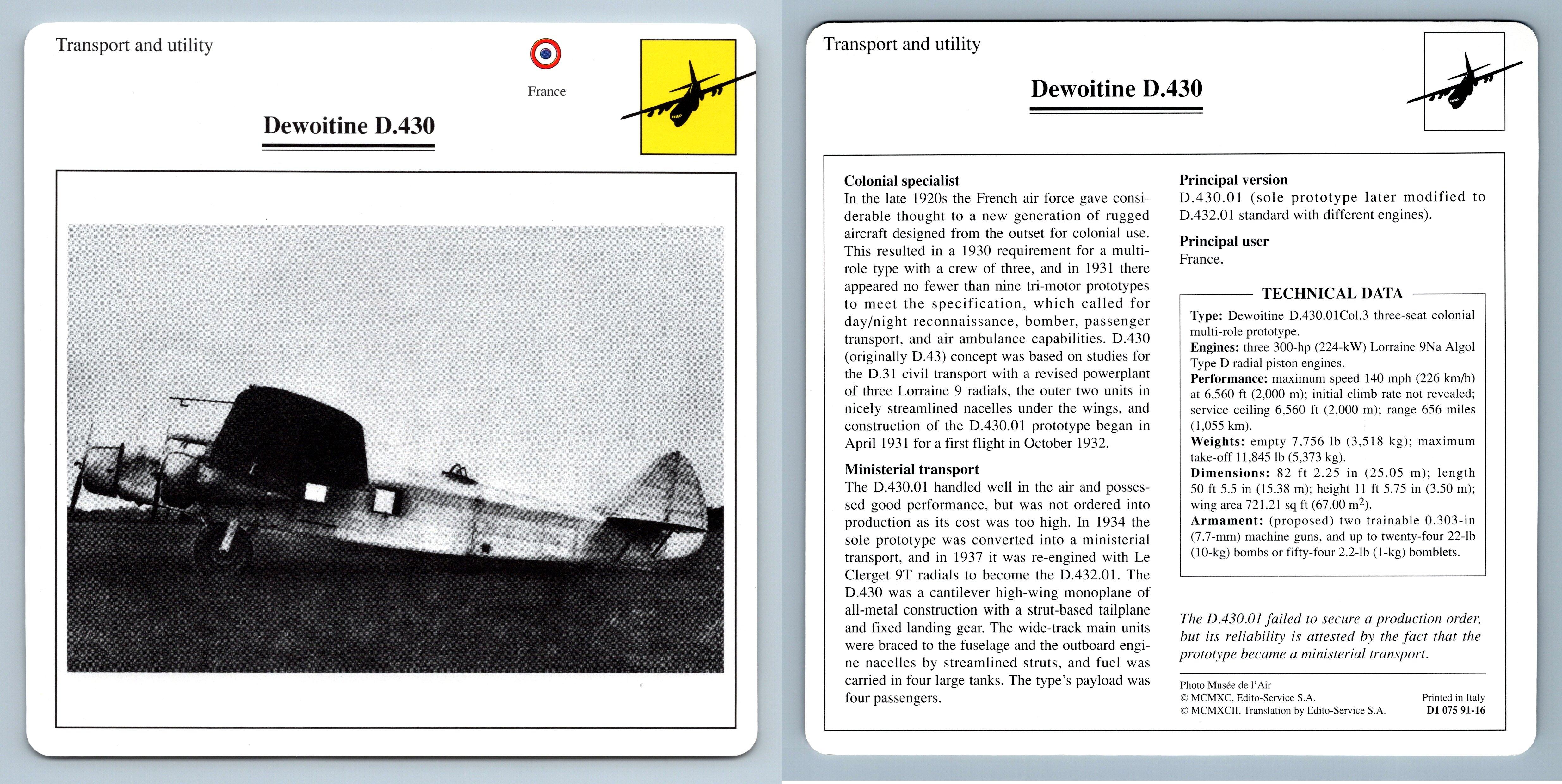 Dewoitine D.430 Transport Warplanes Collectors Club Card