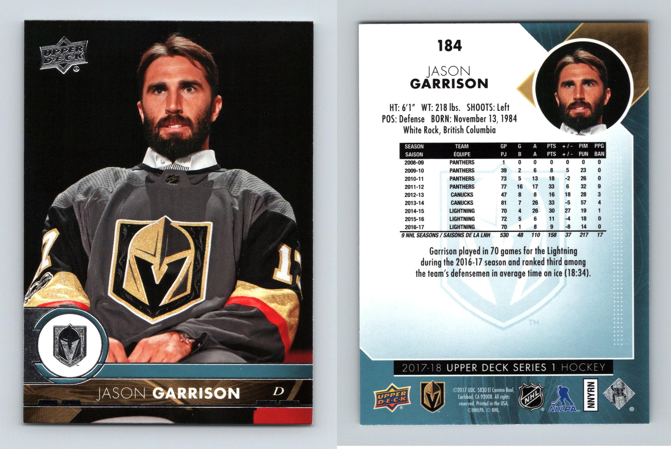 Jason Garrison 184 Upper Deck 201718 Series 1 Hockey Trading Card