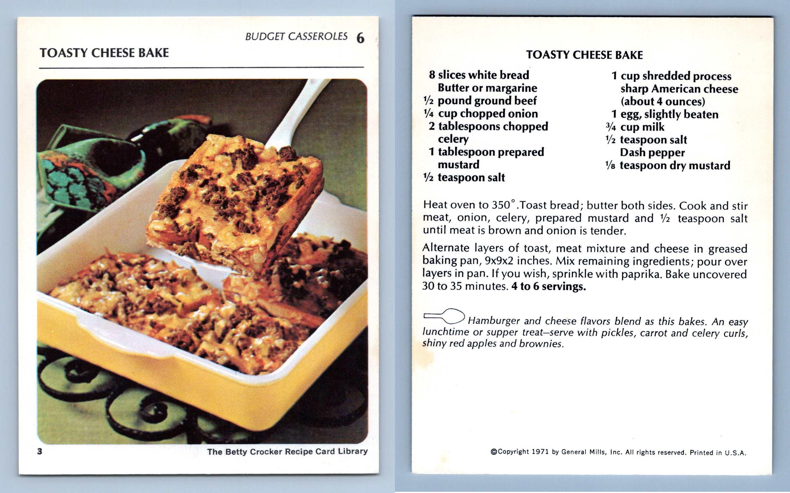 Cheese Bake 6 Budget Casseroles Betty Crocker 1971 Recipe Card