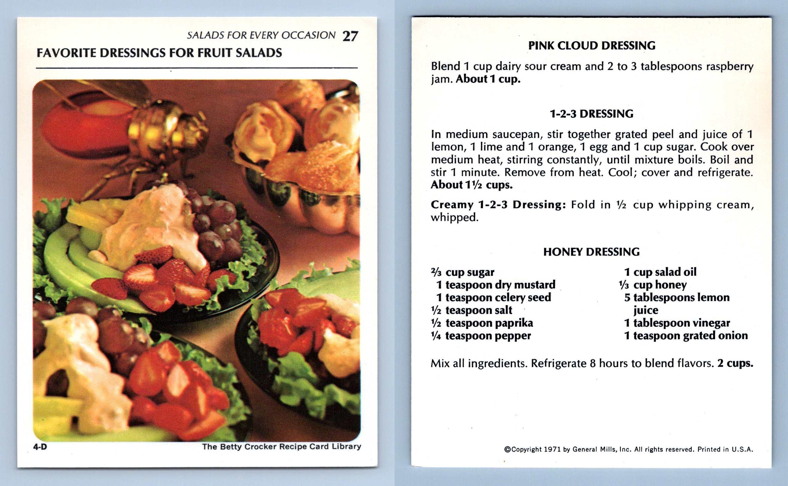 Dressings For Fruit Salads 27 Salads Betty Crocker 1971 Recipe Card