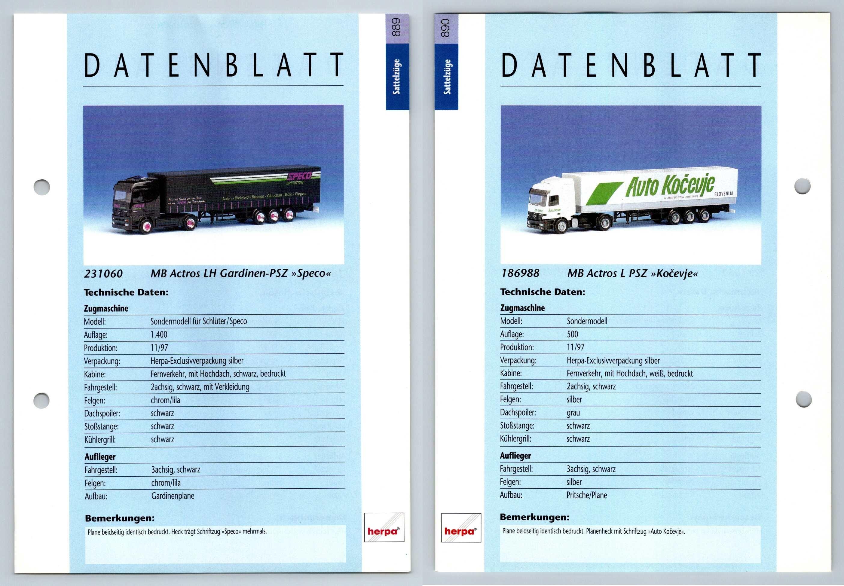 MB Actros LH PSZ L PSZ 889 90 Sattelzuge Datenblatt Herpa Data Sheet