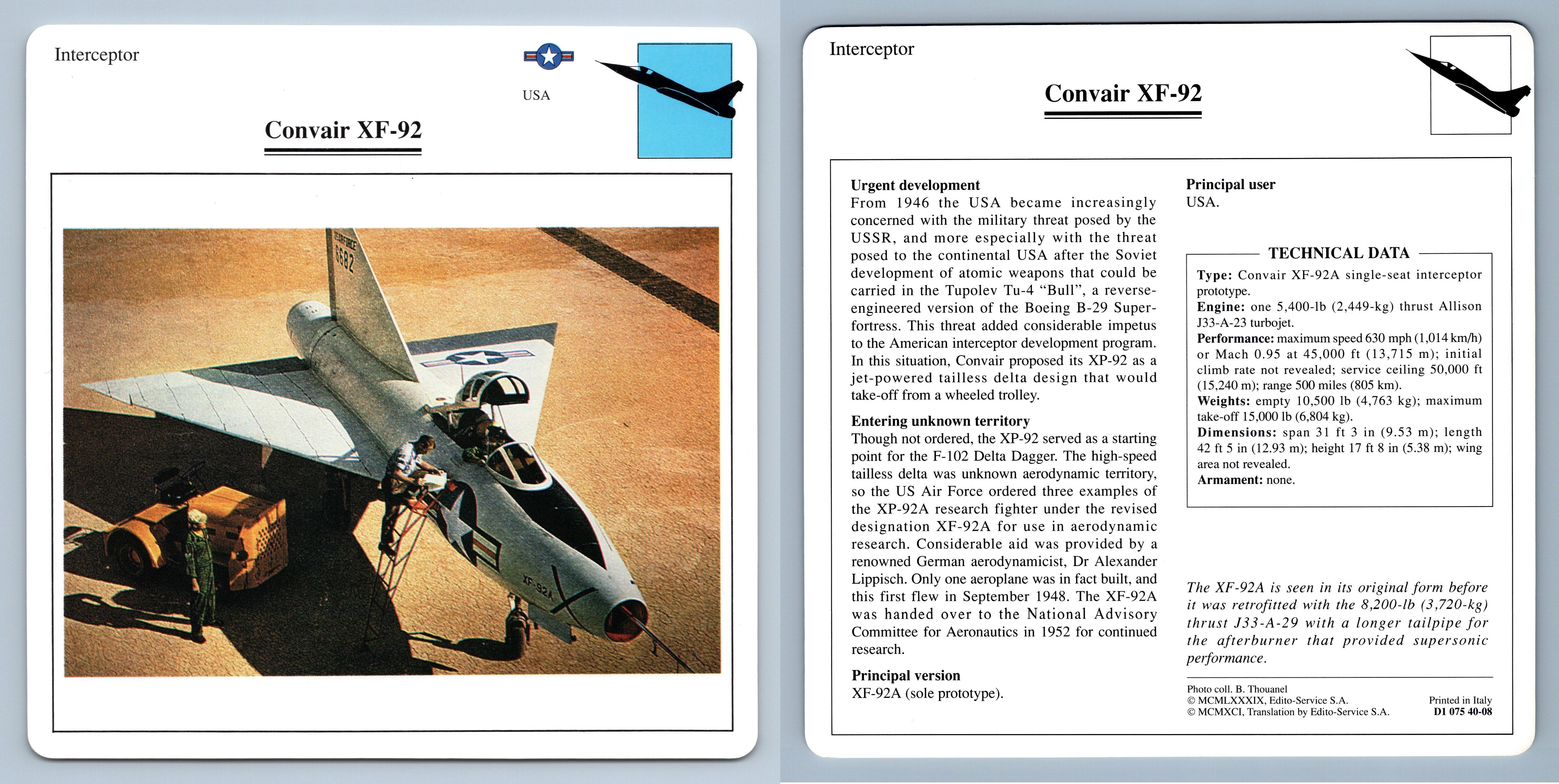 Convair Xf 92 Interceptor Warplanes Collectors Club Card