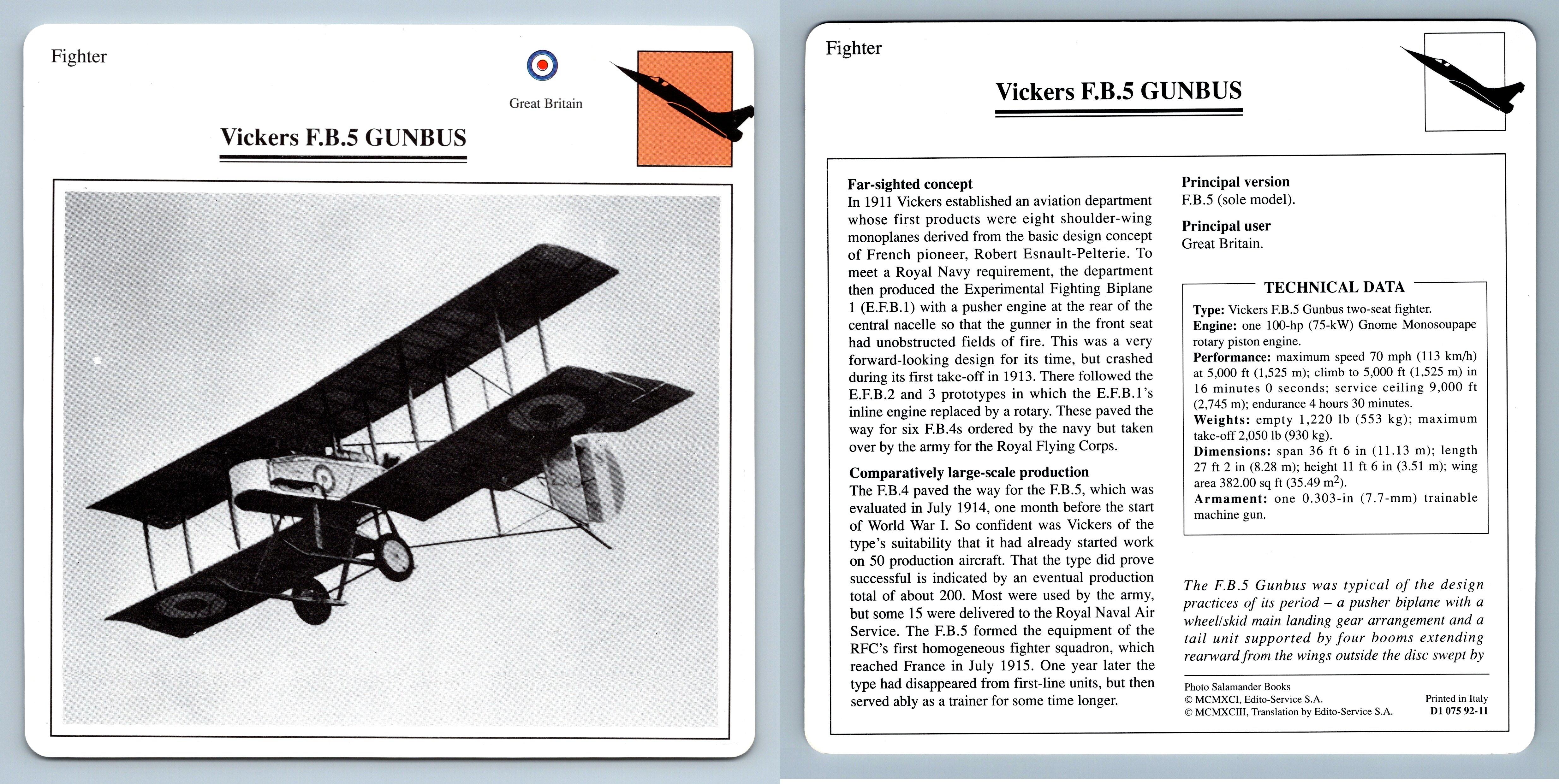 Vickers F.B.5 Gunbus - Fighter - Warplanes Collectors Club Card