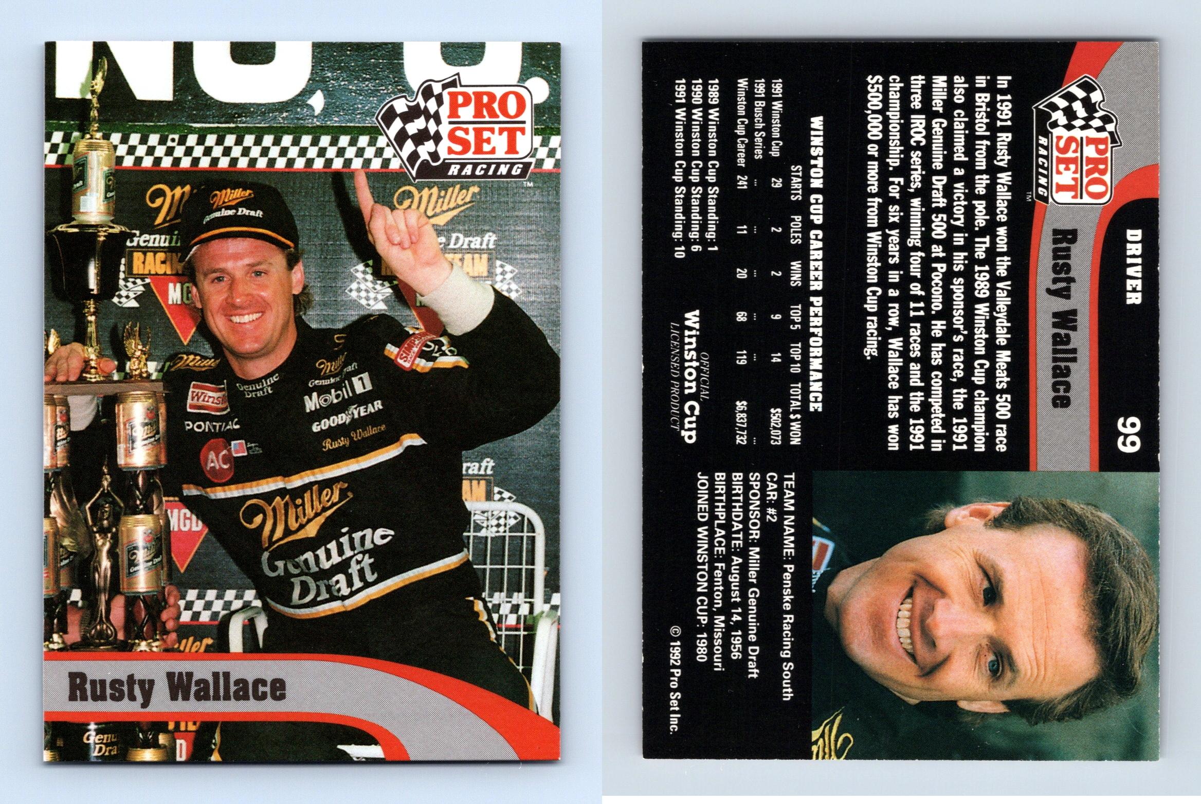 Rusty Wallace #99 Winston Cup 1992 Pro Set Racing Trading Card