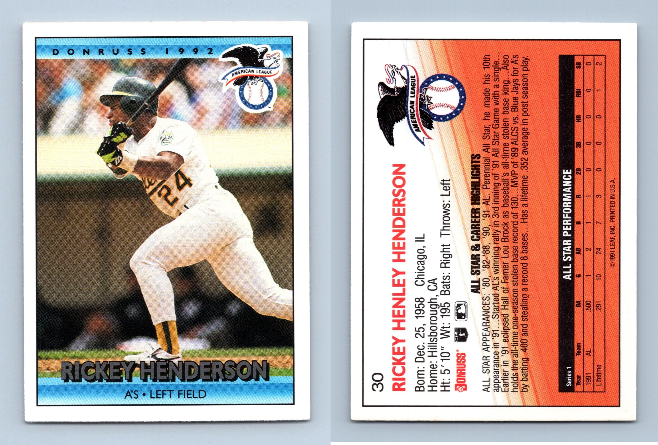 Rickey Henderson A S 30 Donruss 1992 Baseball Trading Card