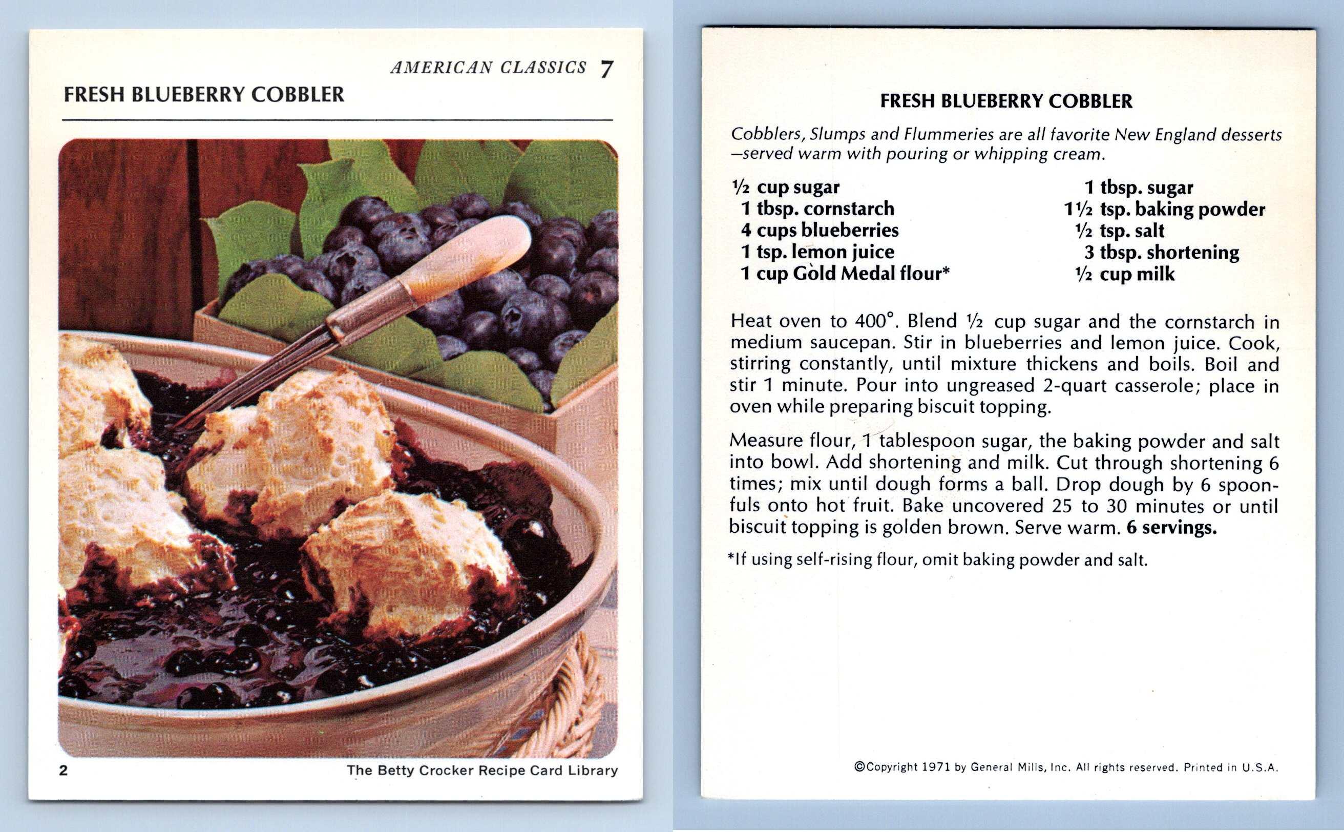 Blueberry Cobbler 7 American Classics Betty Crocker 1971 Recipe Card