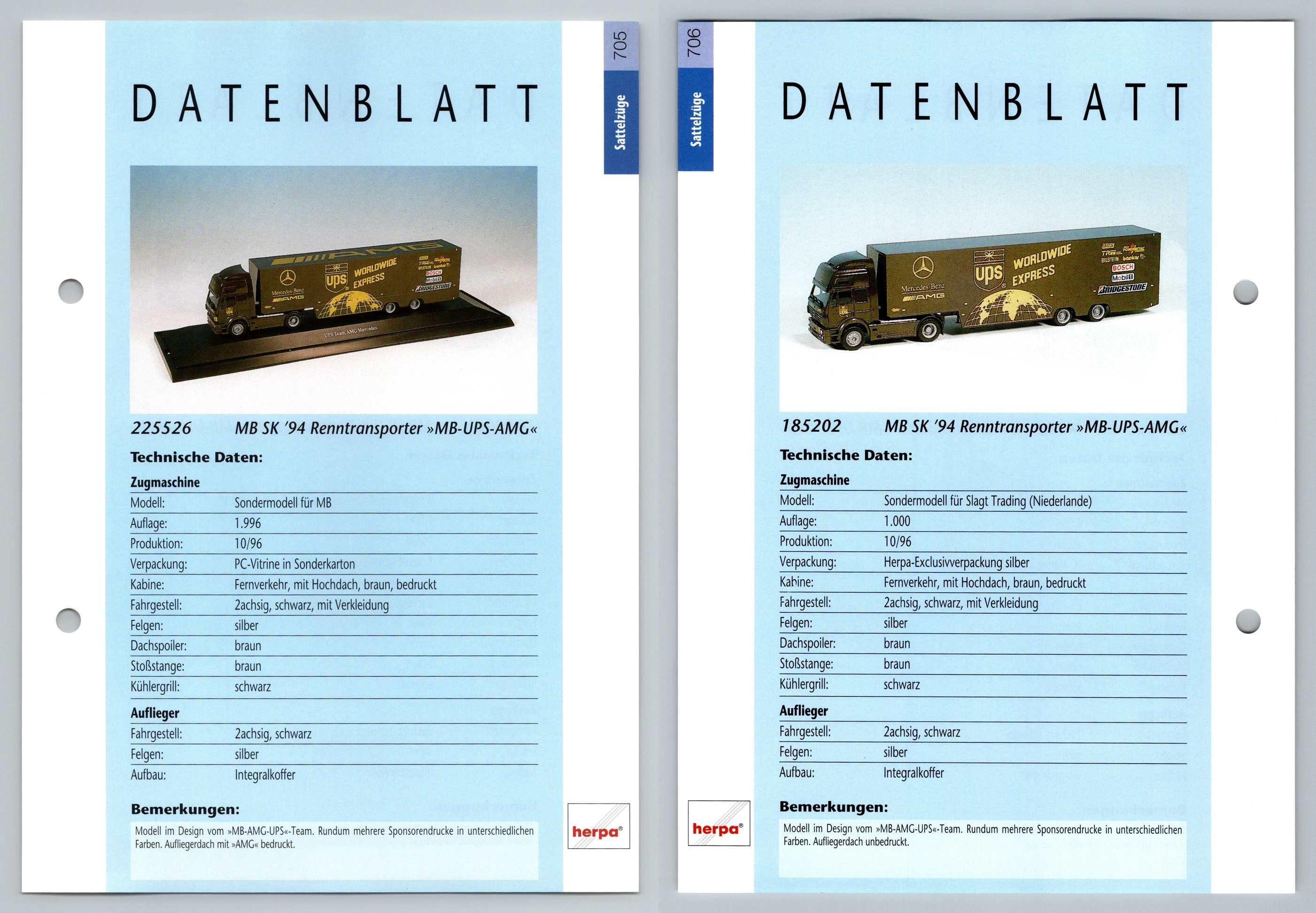 Mb Sk 94 Renntransporter 705 6 Sattelzuge Datenblatt Herpa Data Sheet